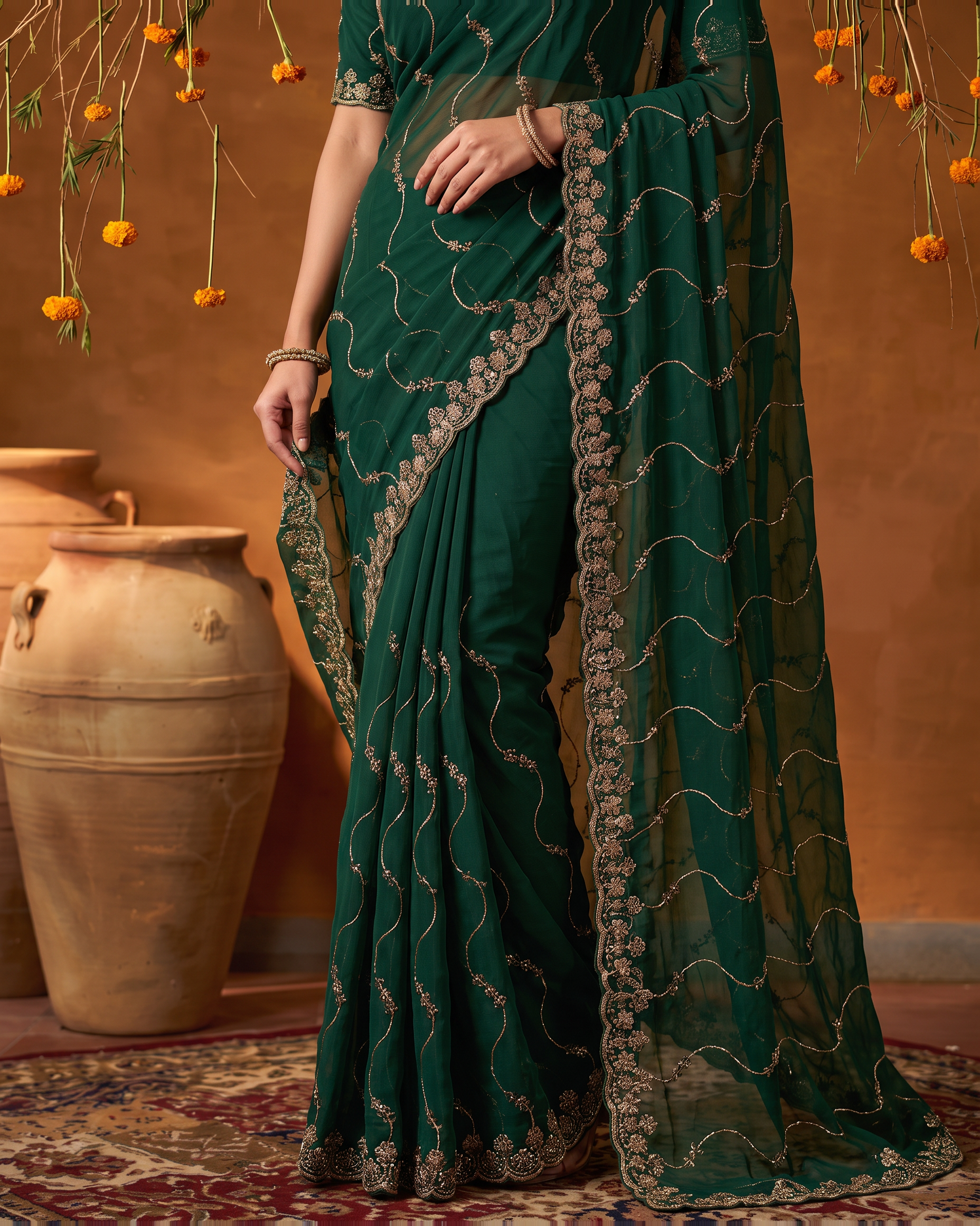 Navya Star Leheriya Festive Saree with Flowing Pallu - Green - lower closeup