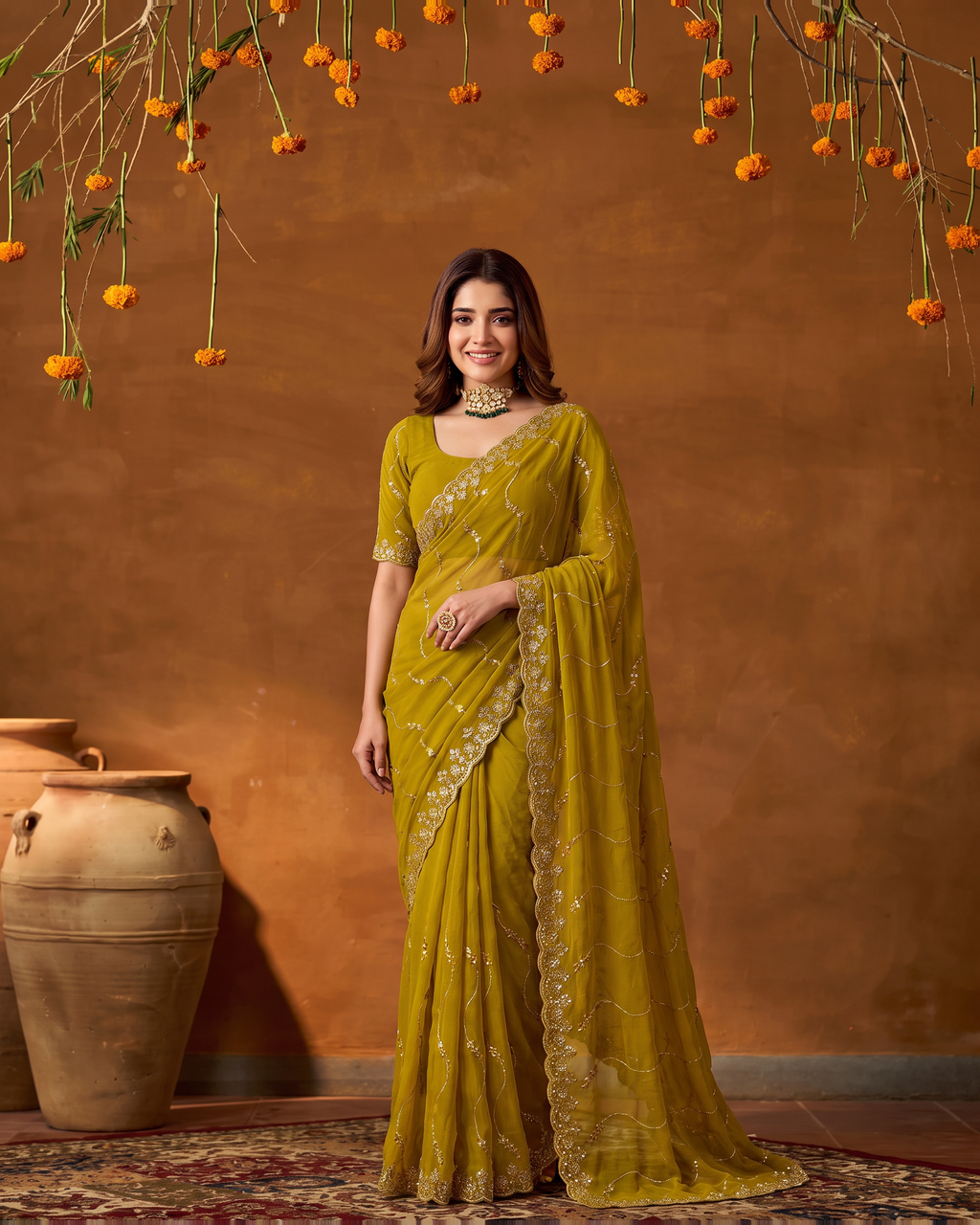 Navya Star Leheriya Festive Saree with Flowing Pallu - Mustard - full saree hero