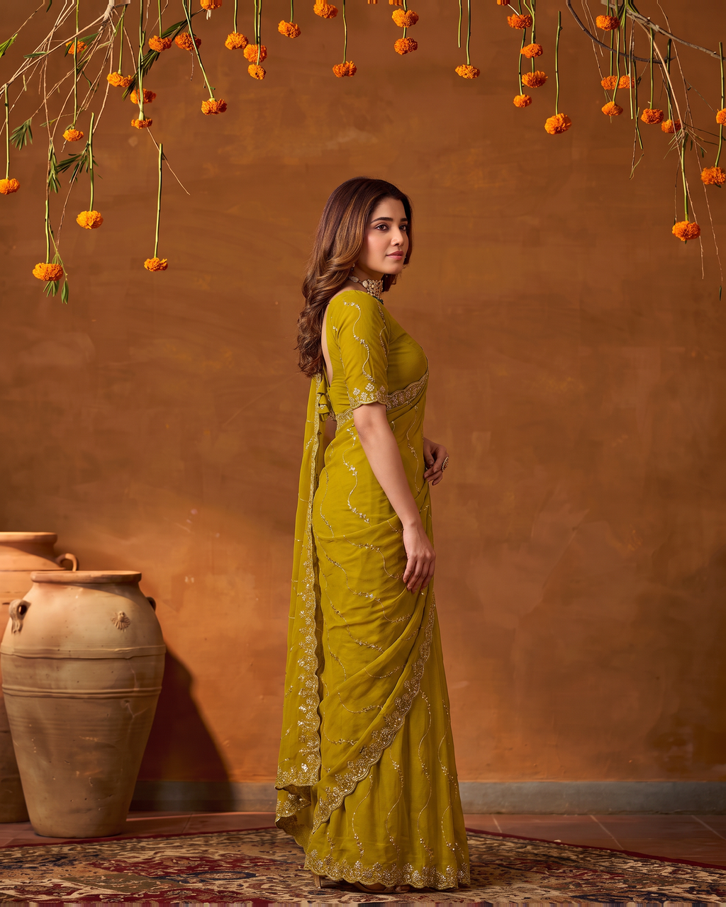Navya Star Leheriya Festive Saree with Flowing Pallu - Mustard - side