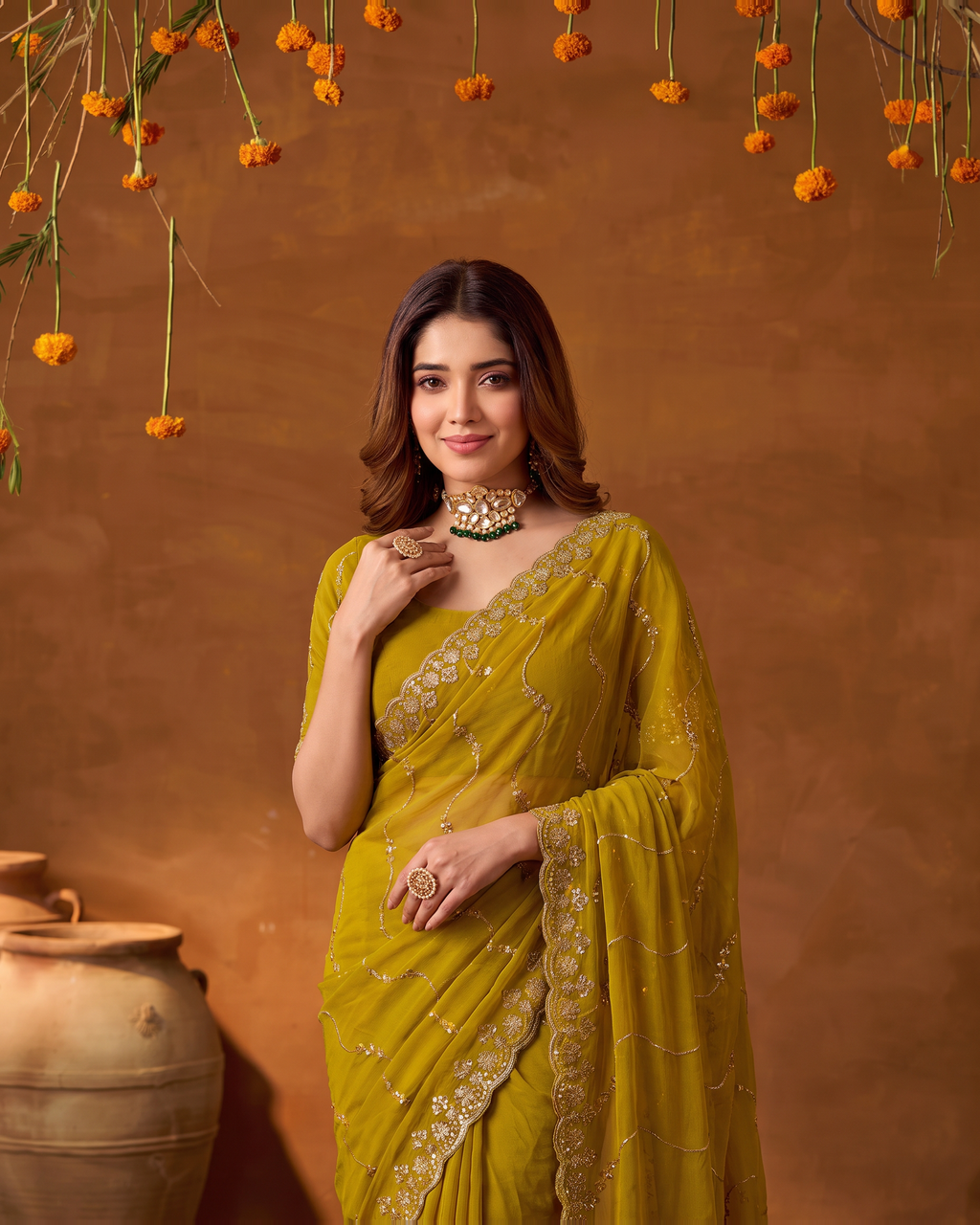 Navya Star Leheriya Festive Saree with Flowing Pallu - Mustard - upper closeup