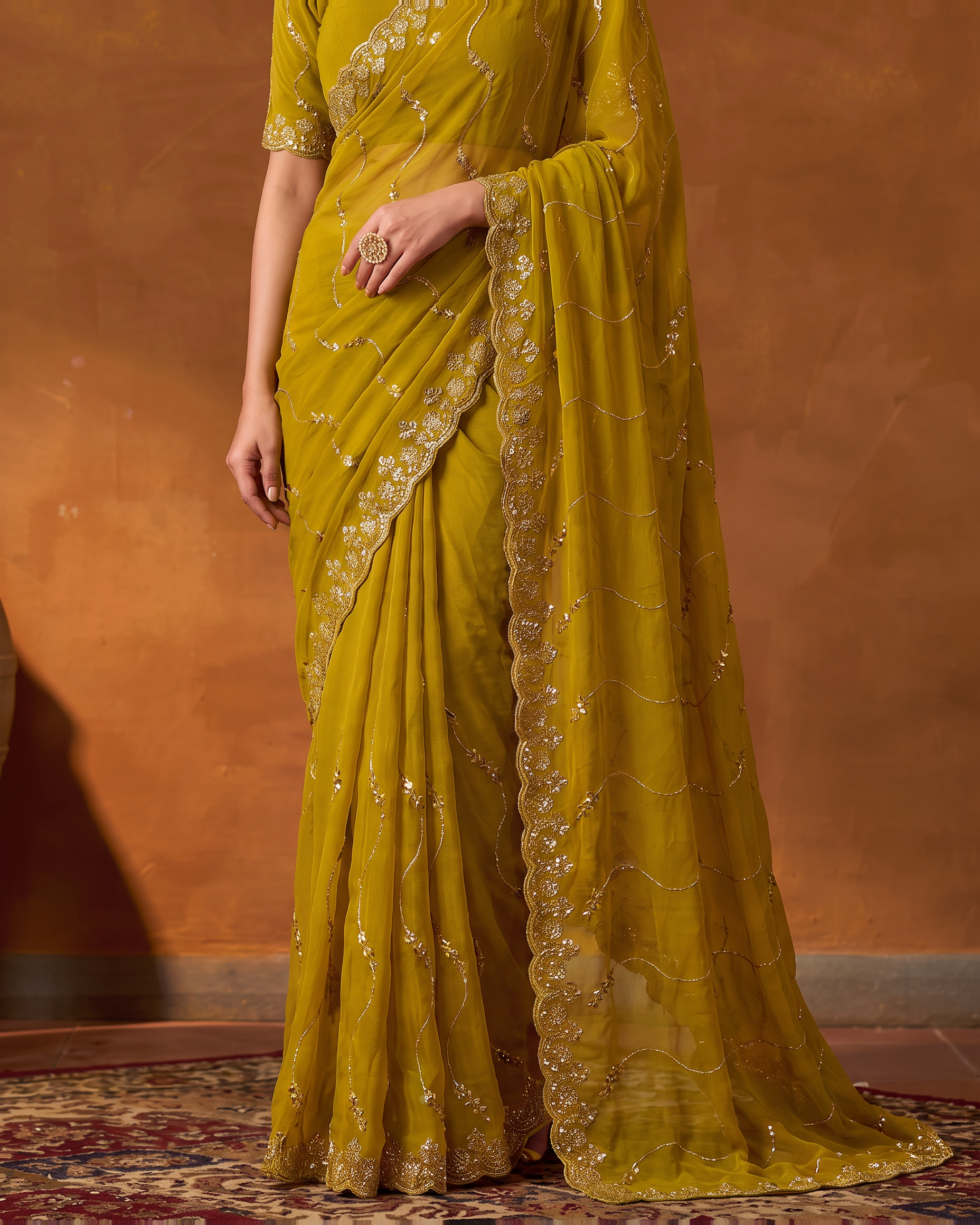 Navya Star Leheriya Festive Saree with Flowing Pallu - Mustard - lower closeup