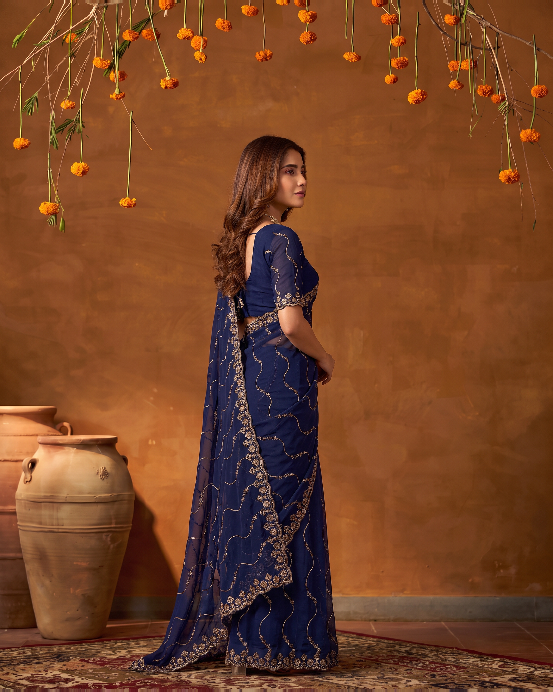 Navya Star Leheriya Festive Saree with Flowing Pallu - Navy Blue - side