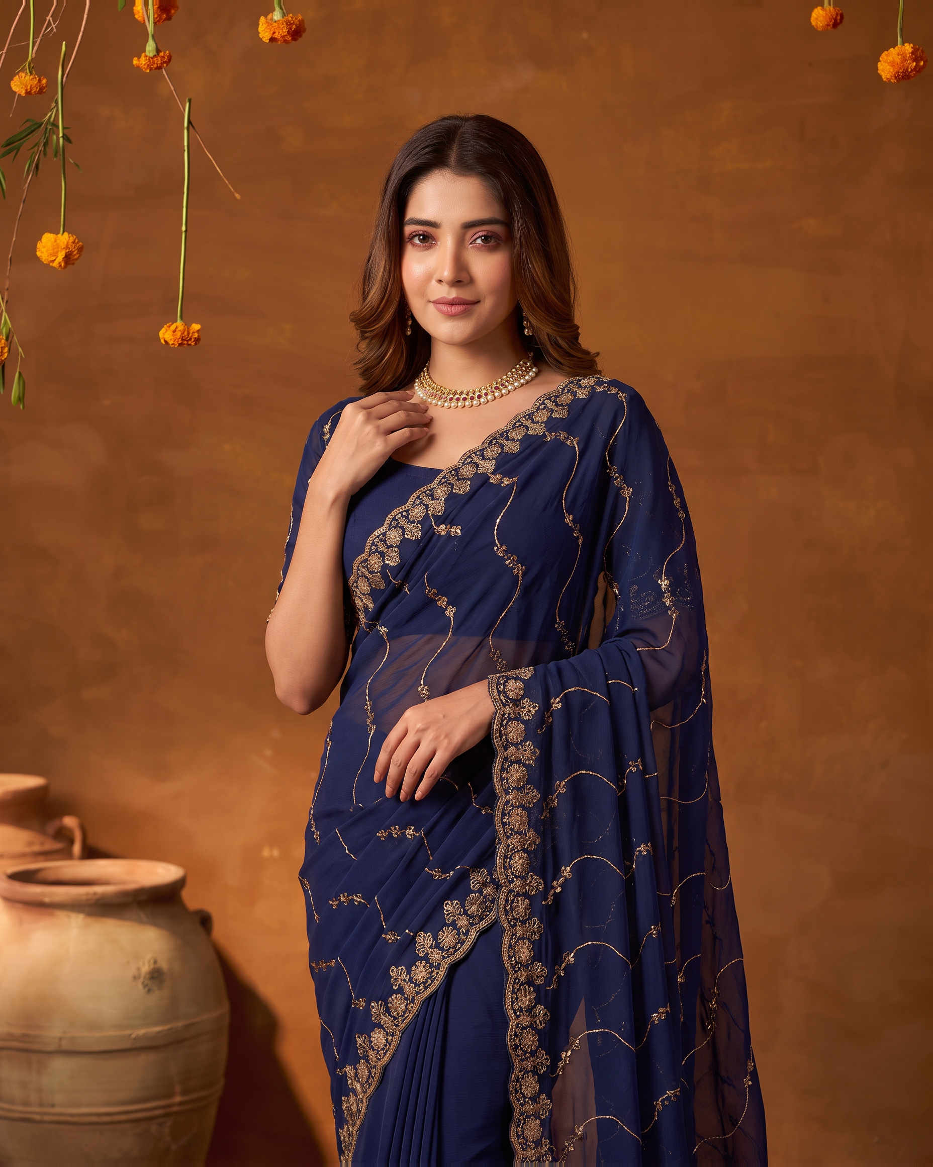 Navya Star Leheriya Festive Saree with Flowing Pallu - Navy Blue - upper closeup