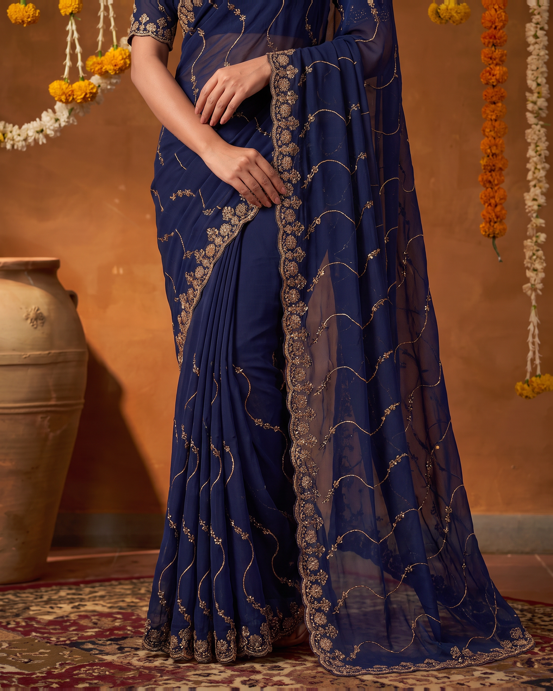 Navya Star Leheriya Festive Saree with Flowing Pallu - Navy Blue - lower closeup