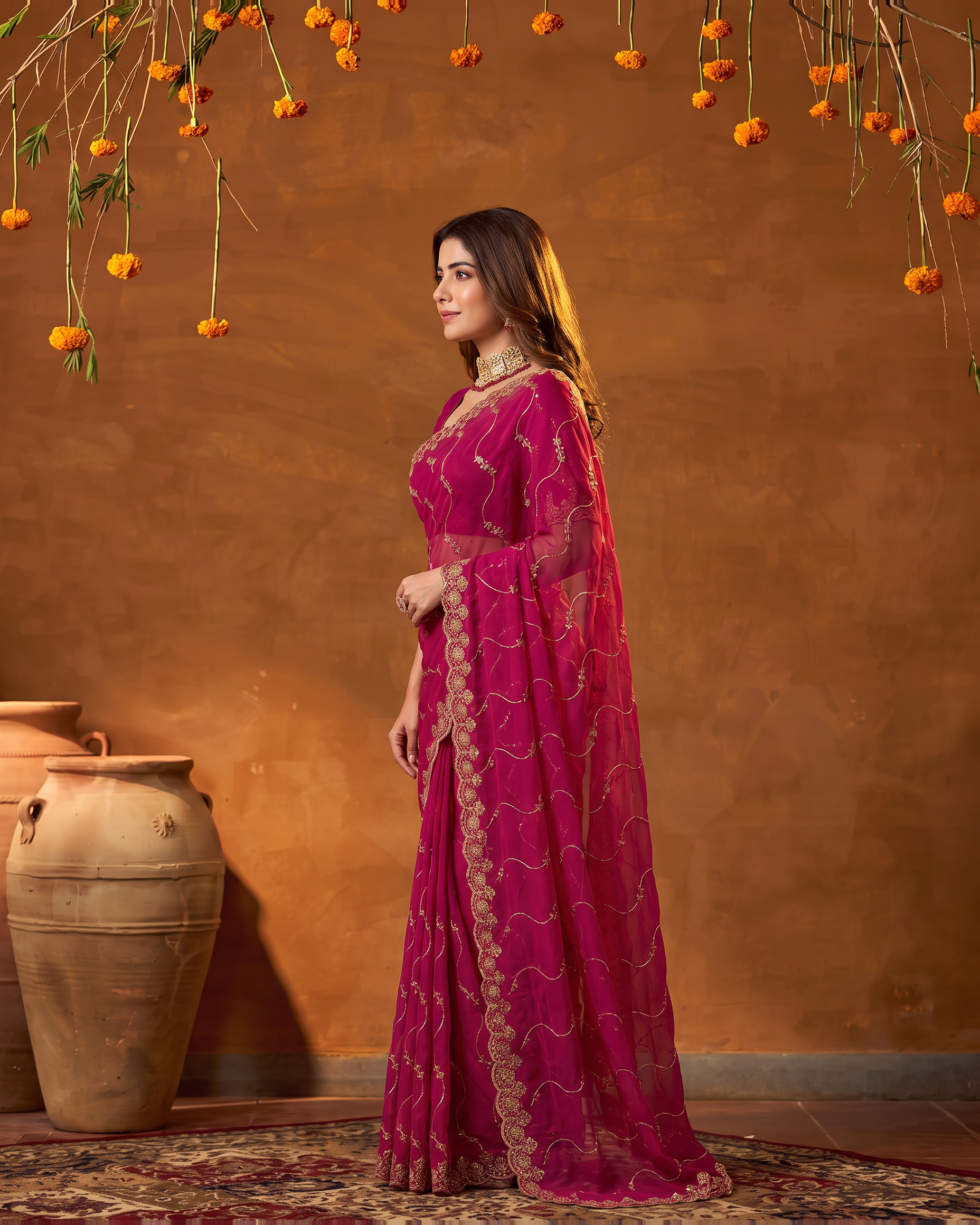 Navya Star Leheriya Festive Saree with Flowing Pallu - Pink - side