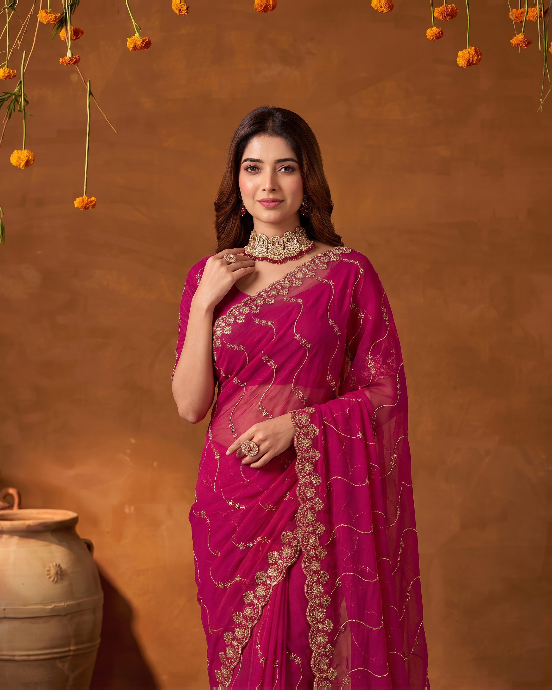 Navya Star Leheriya Festive Saree with Flowing Pallu - Pink - upper closeup