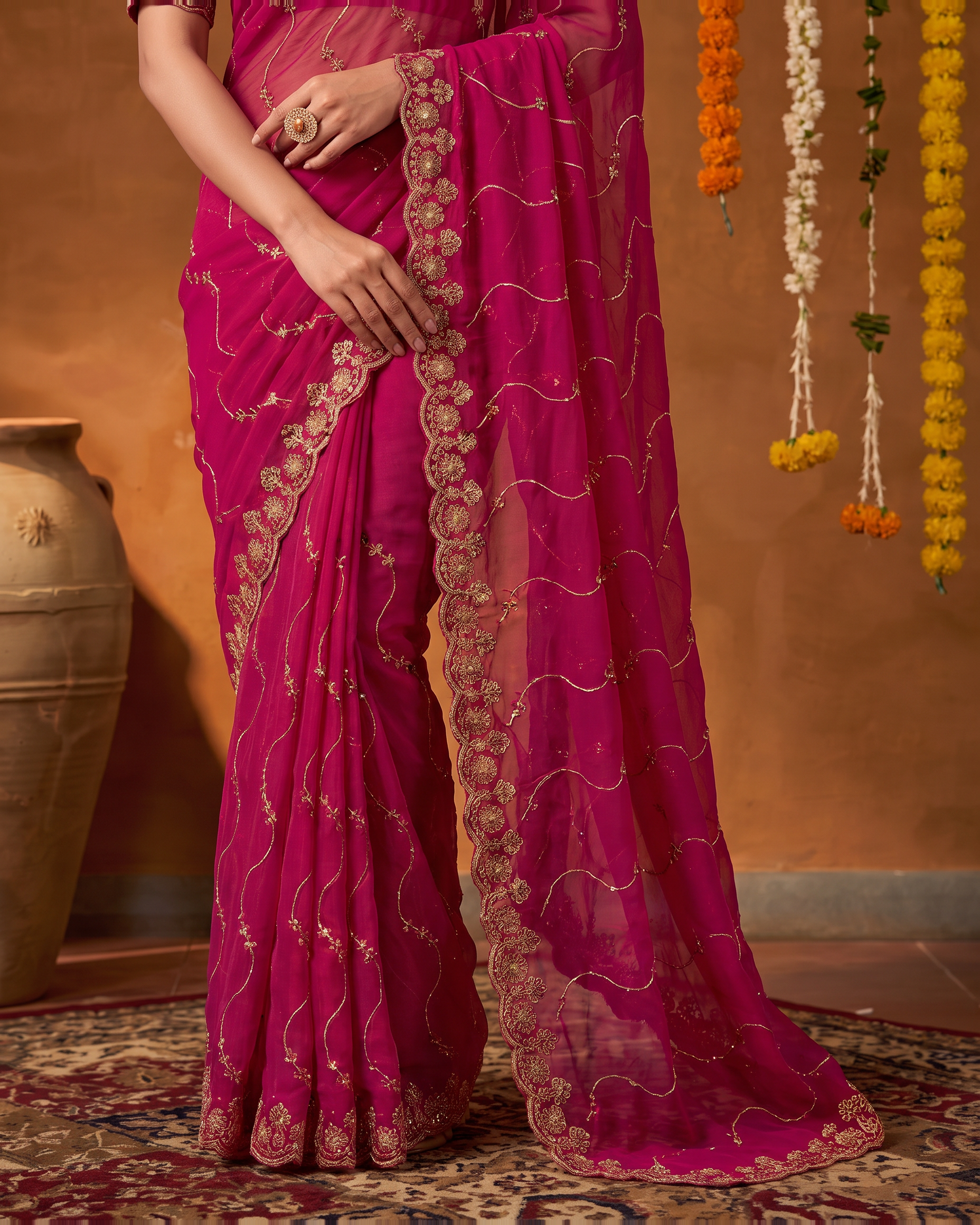 Navya Star Leheriya Festive Saree with Flowing Pallu - Pink - lower closeup