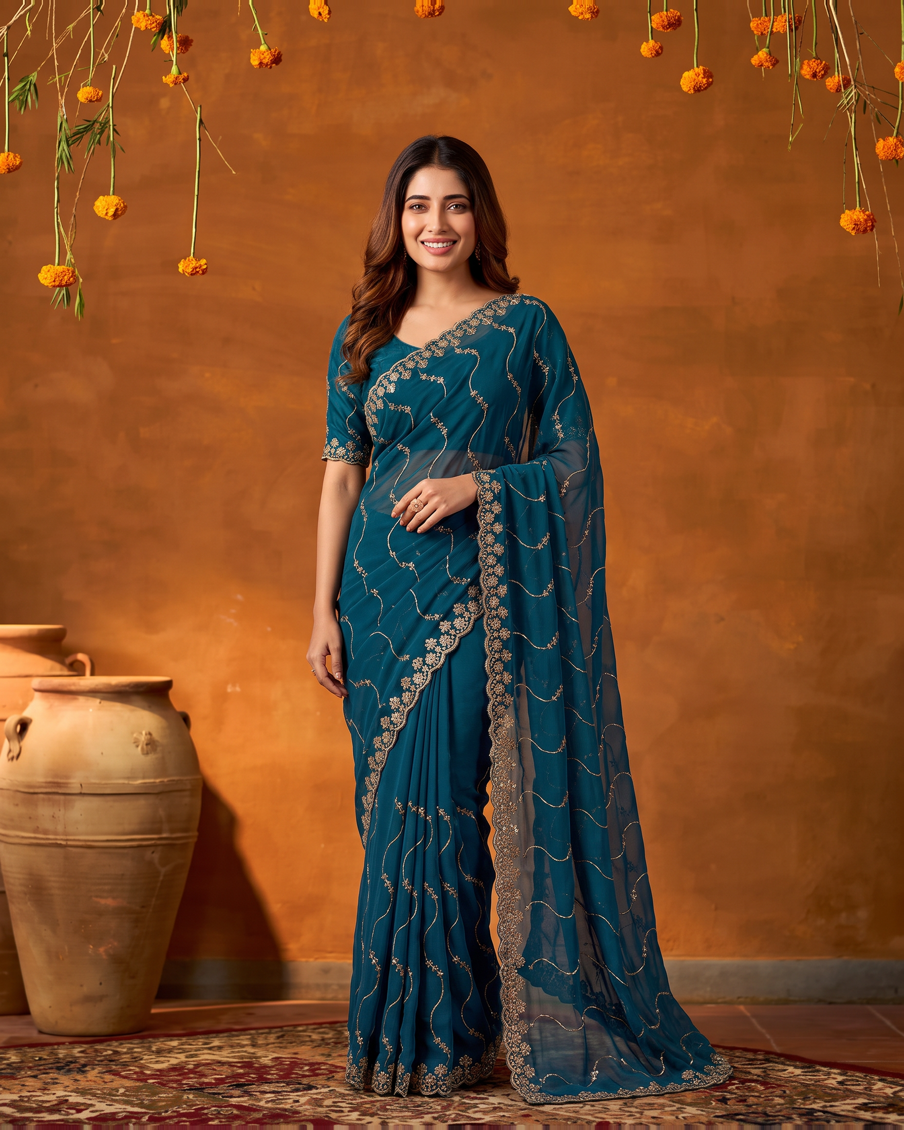 Navya Star Leheriya Festive Saree with Flowing Pallu - Teal - full saree hero