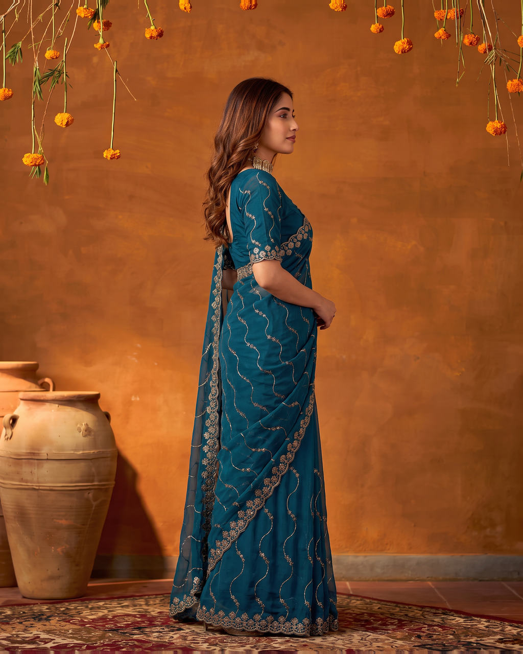 Navya Star Leheriya Festive Saree with Flowing Pallu - Teal - side