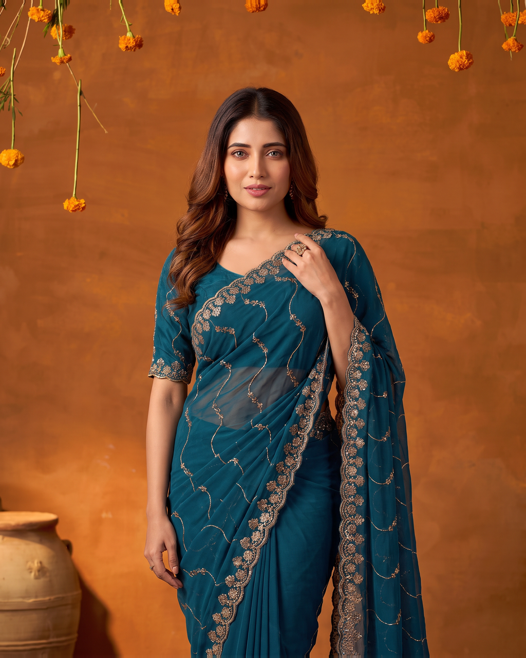 Navya Star Leheriya Festive Saree with Flowing Pallu - Teal - upper closeup
