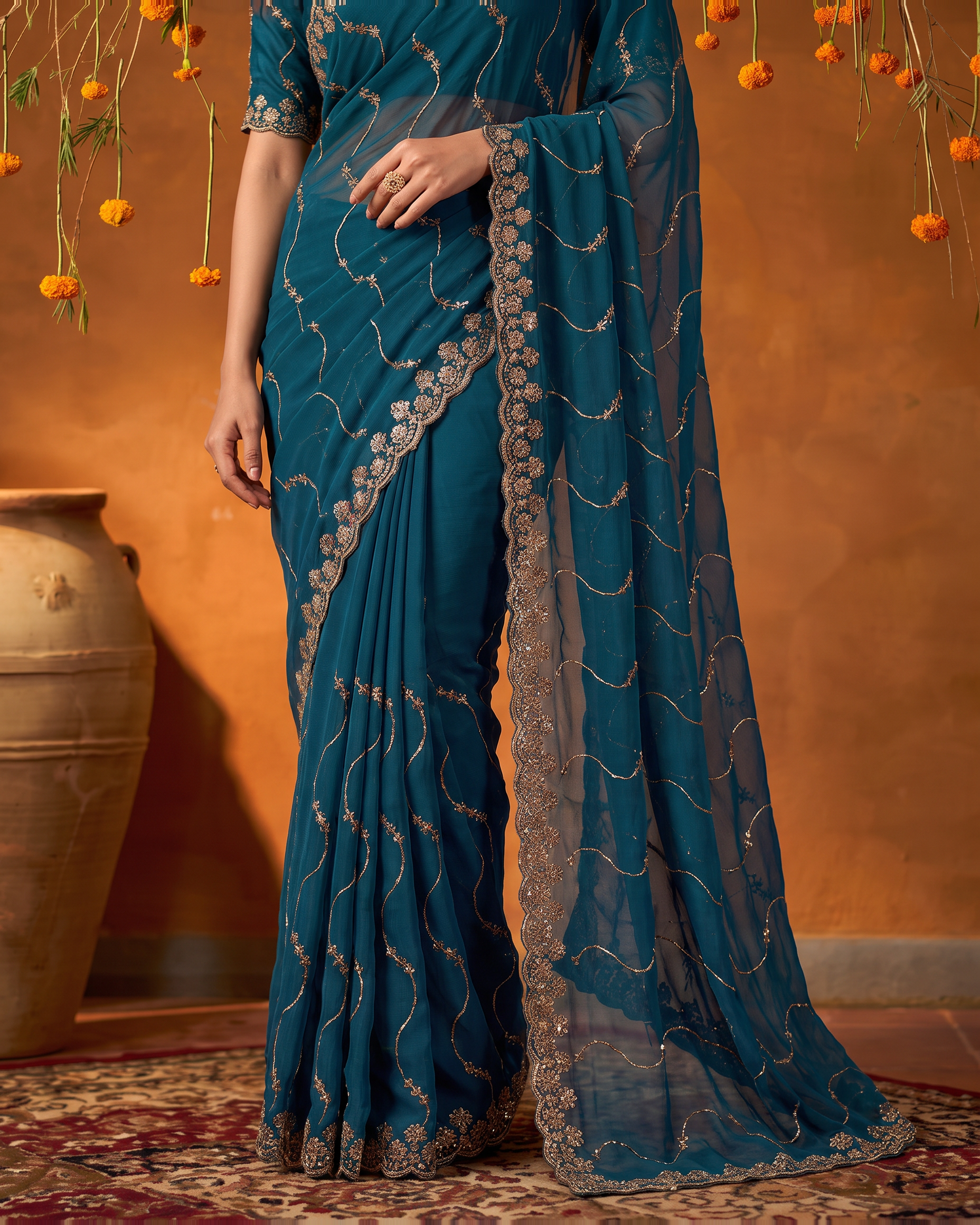 Navya Star Leheriya Festive Saree with Flowing Pallu - Teal - lower closeup