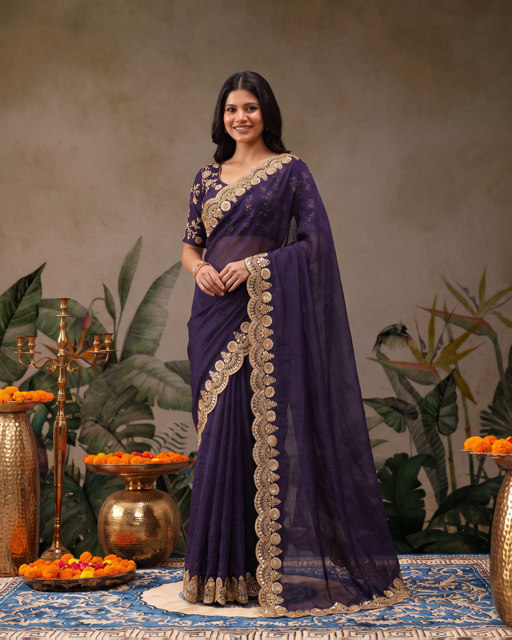 Tarini Sheer Pallu Festive Saree with Fine Embroidered Edge - Purple - full saree hero