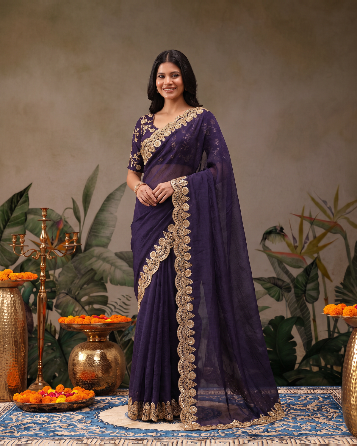 Tarini Sheer Pallu Festive Saree with Fine Embroidered Edge - Purple - full saree hero