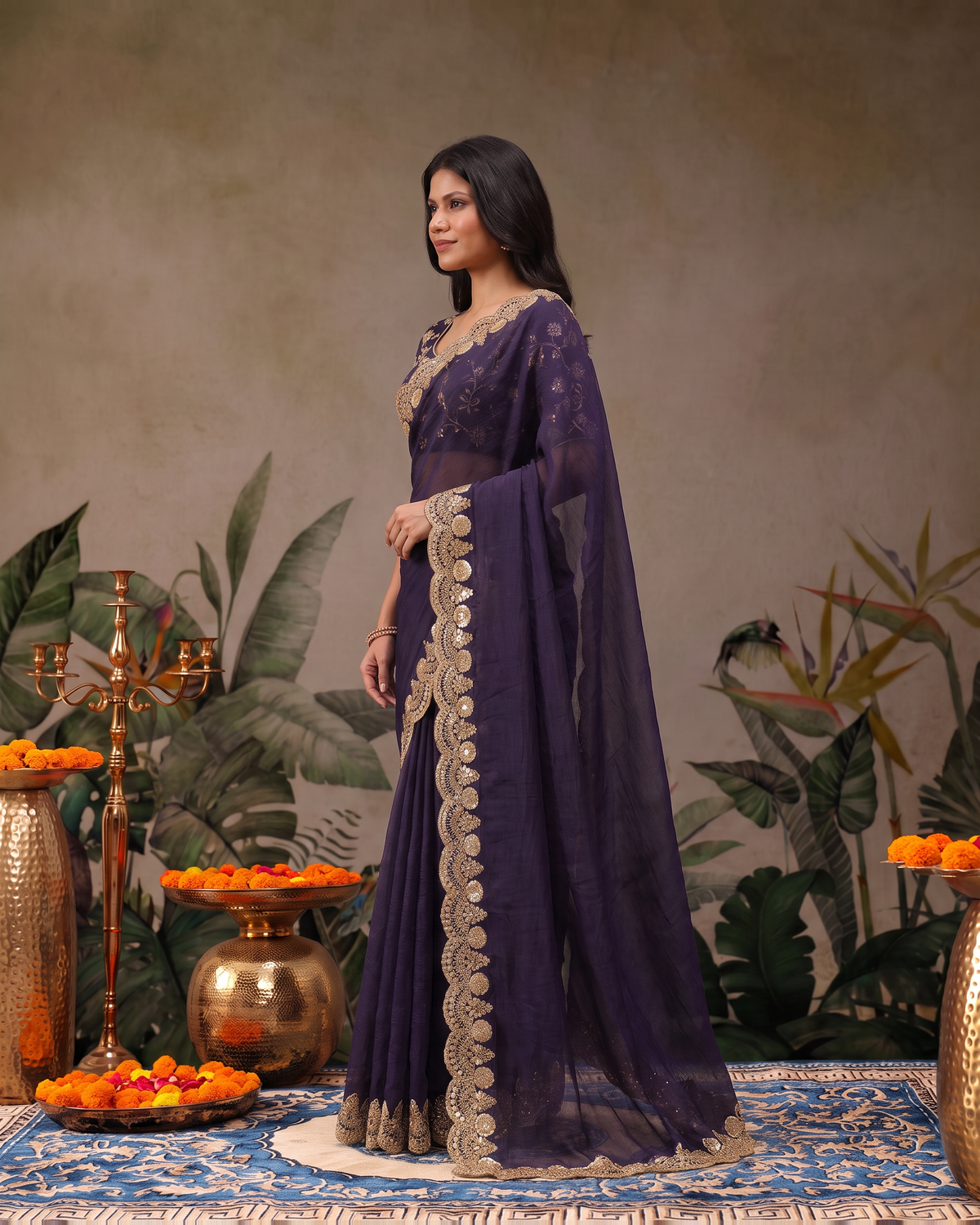 Tarini Sheer Pallu Festive Saree with Fine Embroidered Edge - Purple - side