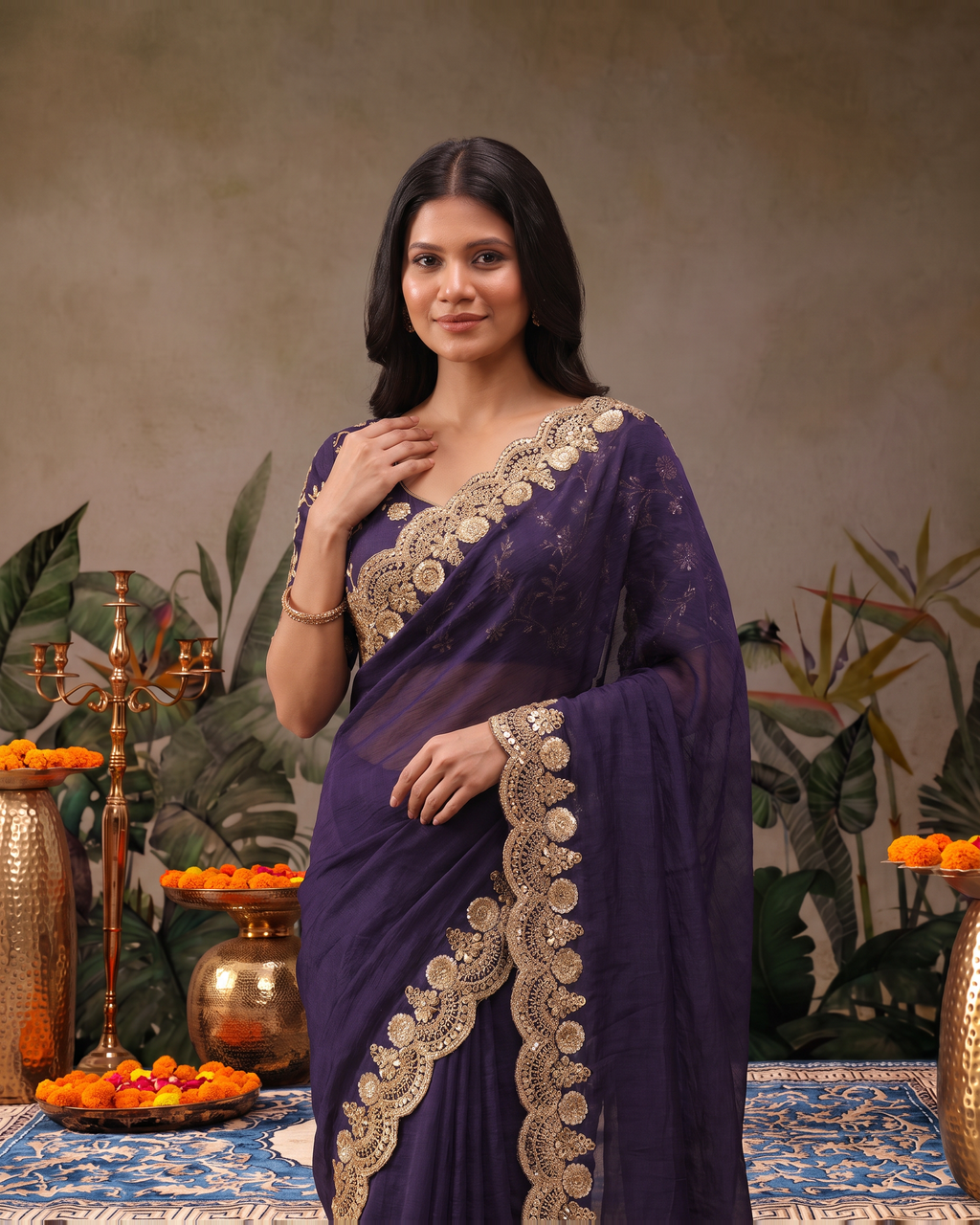Tarini Sheer Pallu Festive Saree with Fine Embroidered Edge - Purple - upper closeup