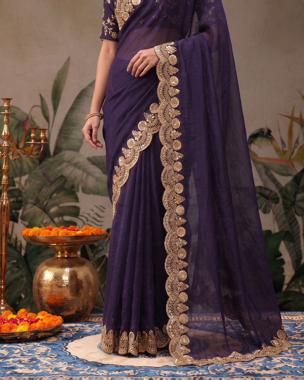 Tarini Sheer Pallu Festive Saree with Fine Embroidered Edge - Purple - lower closeup