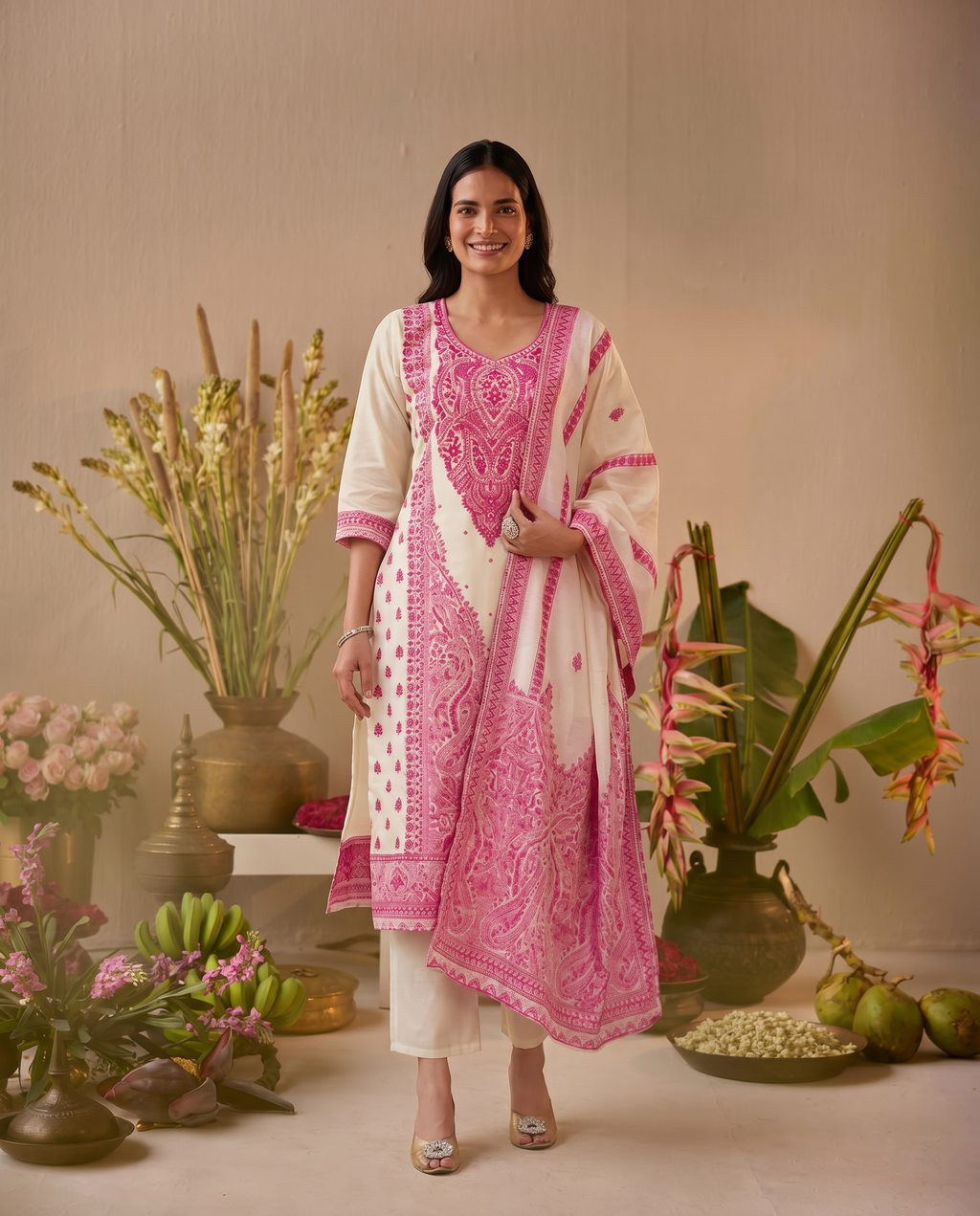 Off White and Pink Embroidered Salwar Suit Set - front