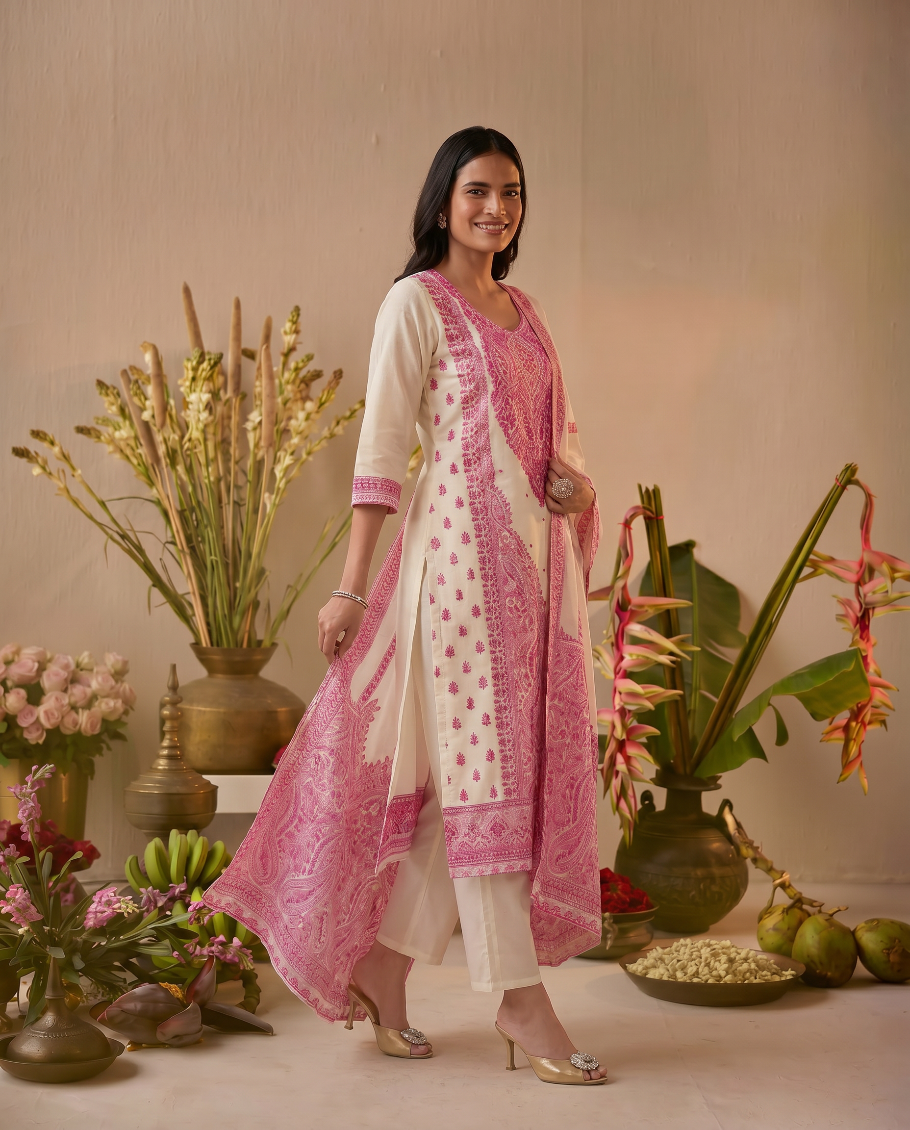Off White and Pink Embroidered Salwar Suit Set - side