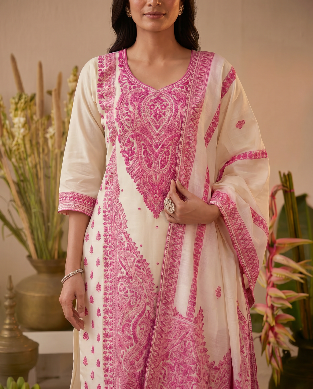 Off White and Pink Embroidered Salwar Suit Set - closeup