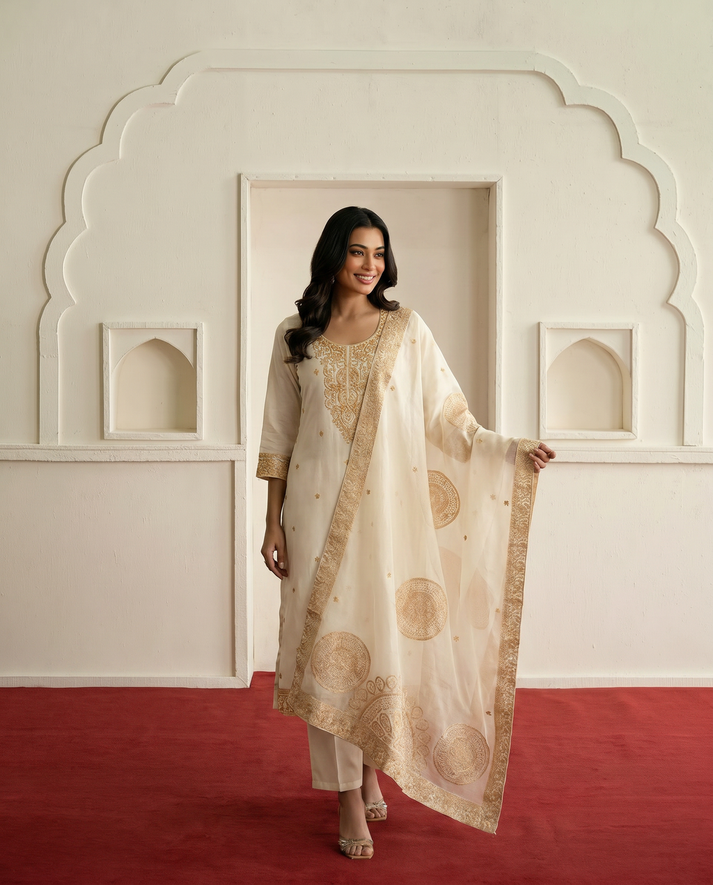 Off White Embroidered Salwar Suit Set - front