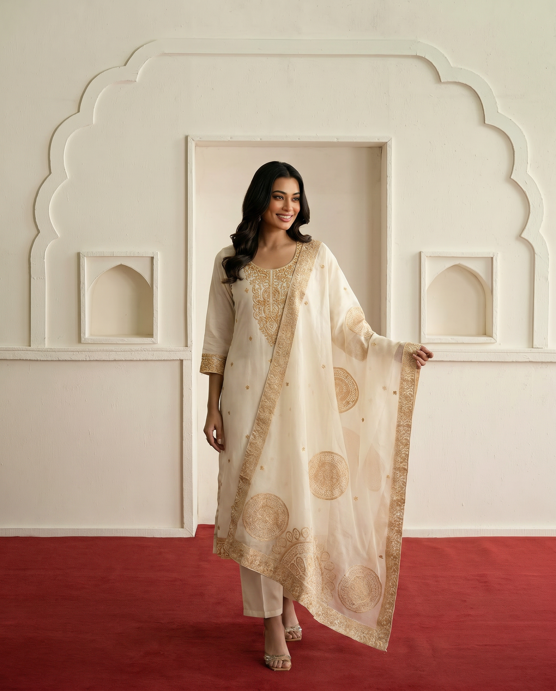 Off White Embroidered Salwar Suit Set - front