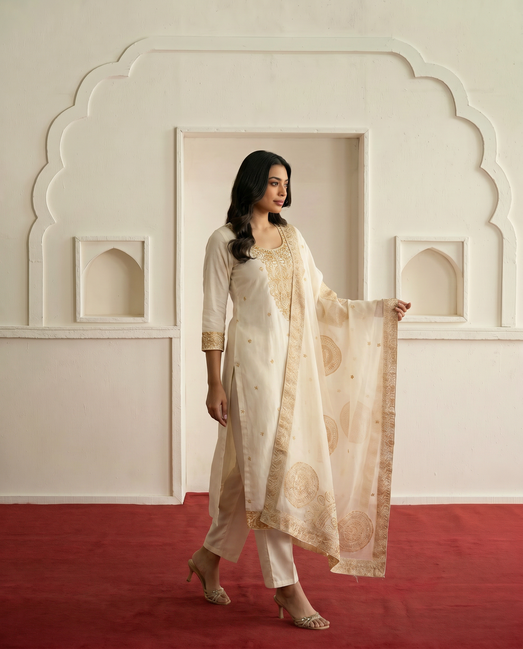 Off White Embroidered Salwar Suit Set - side