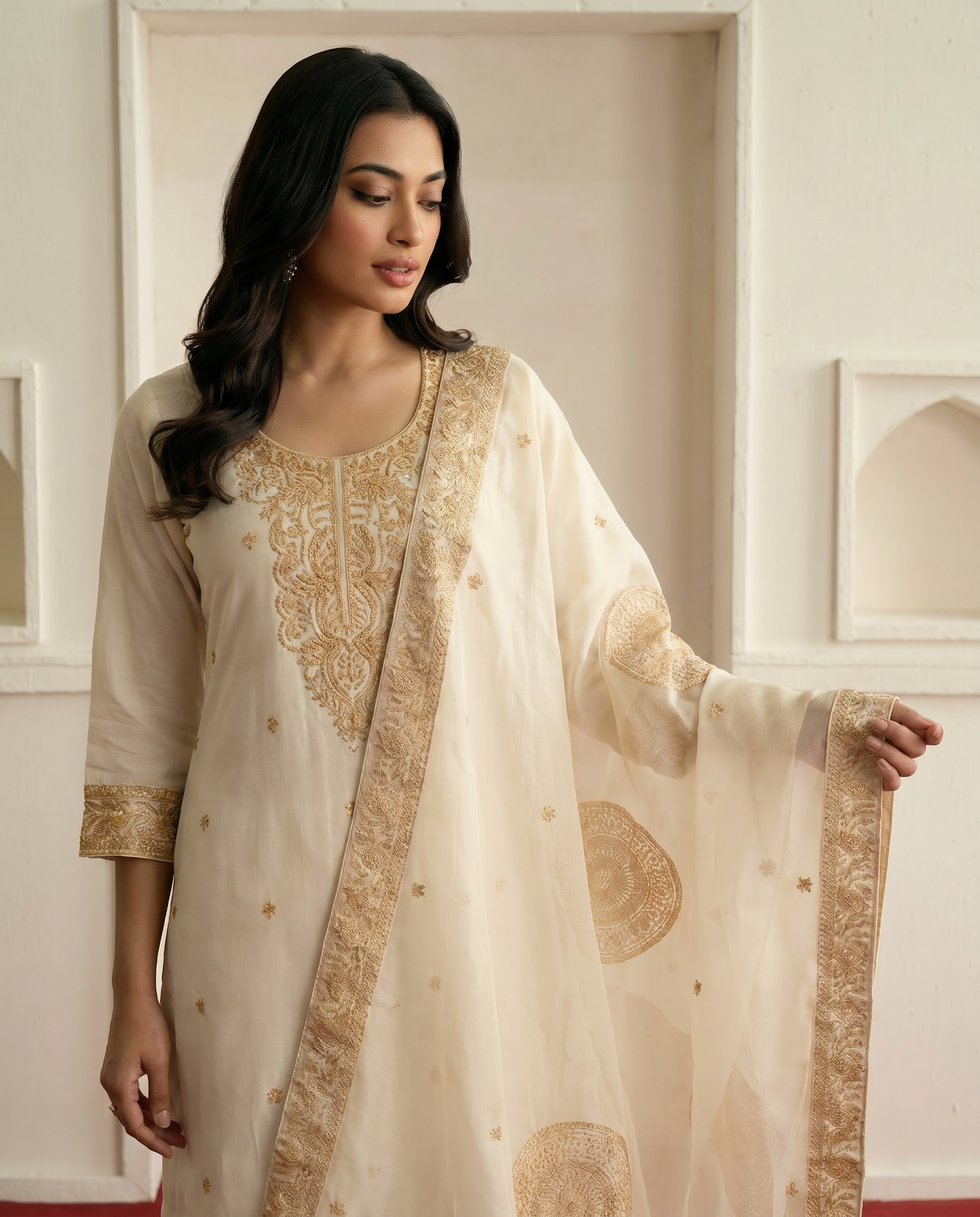Off White Embroidered Salwar Suit Set - closeup