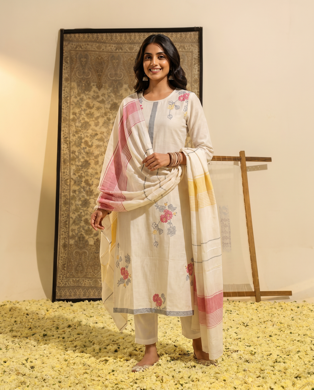 Off White Floral Salwar Suit Set - front