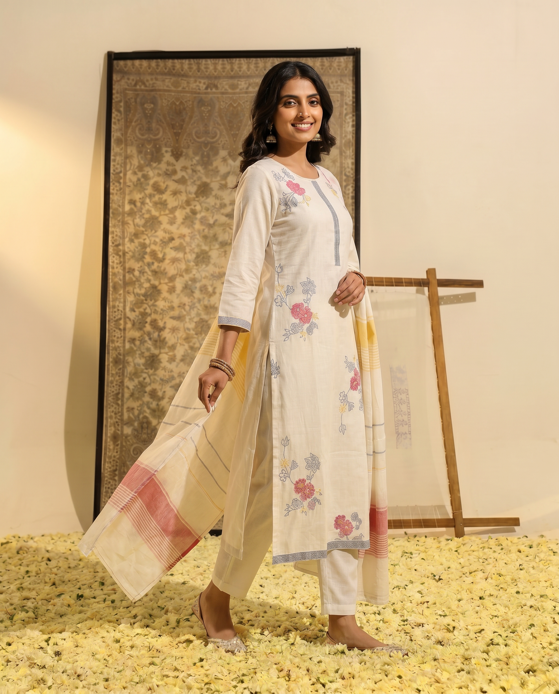Off White Floral Salwar Suit Set - side