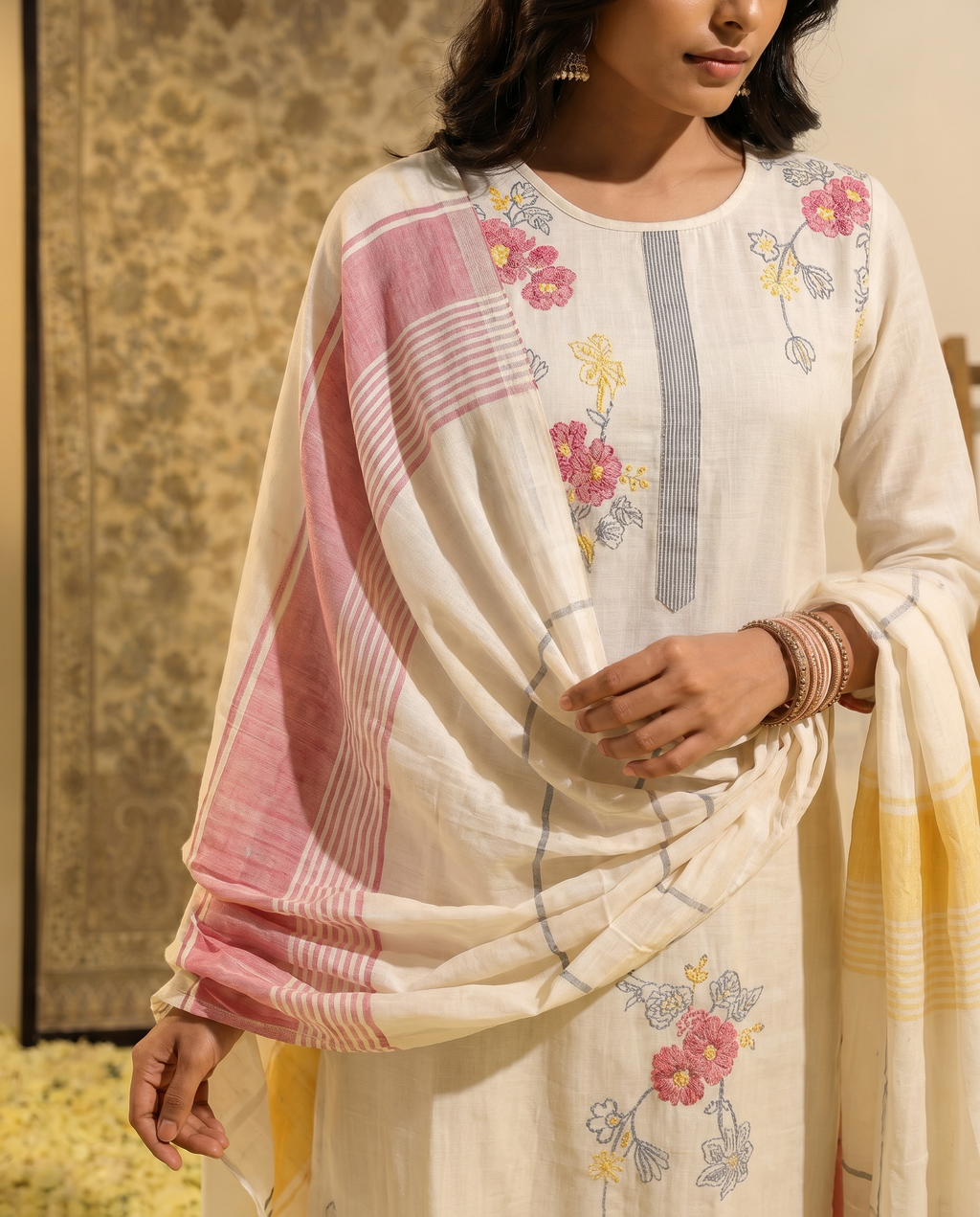 Off White Floral Salwar Suit Set - closeup