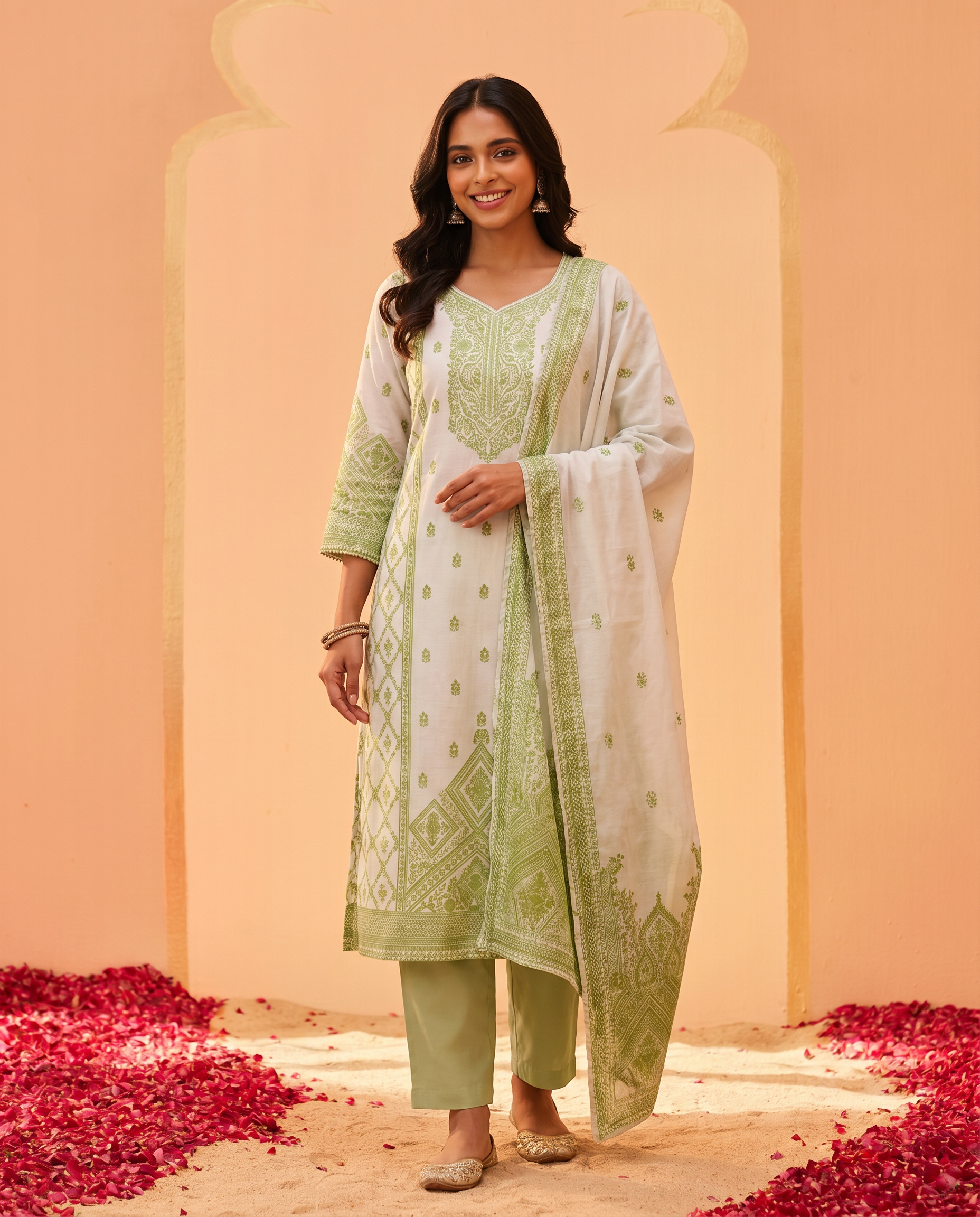 Off White & Green Salwar Suit Set - front