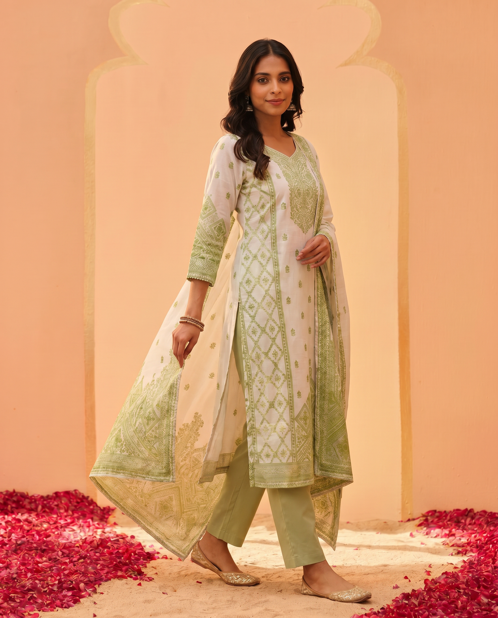 Off White & Green Salwar Suit Set - side