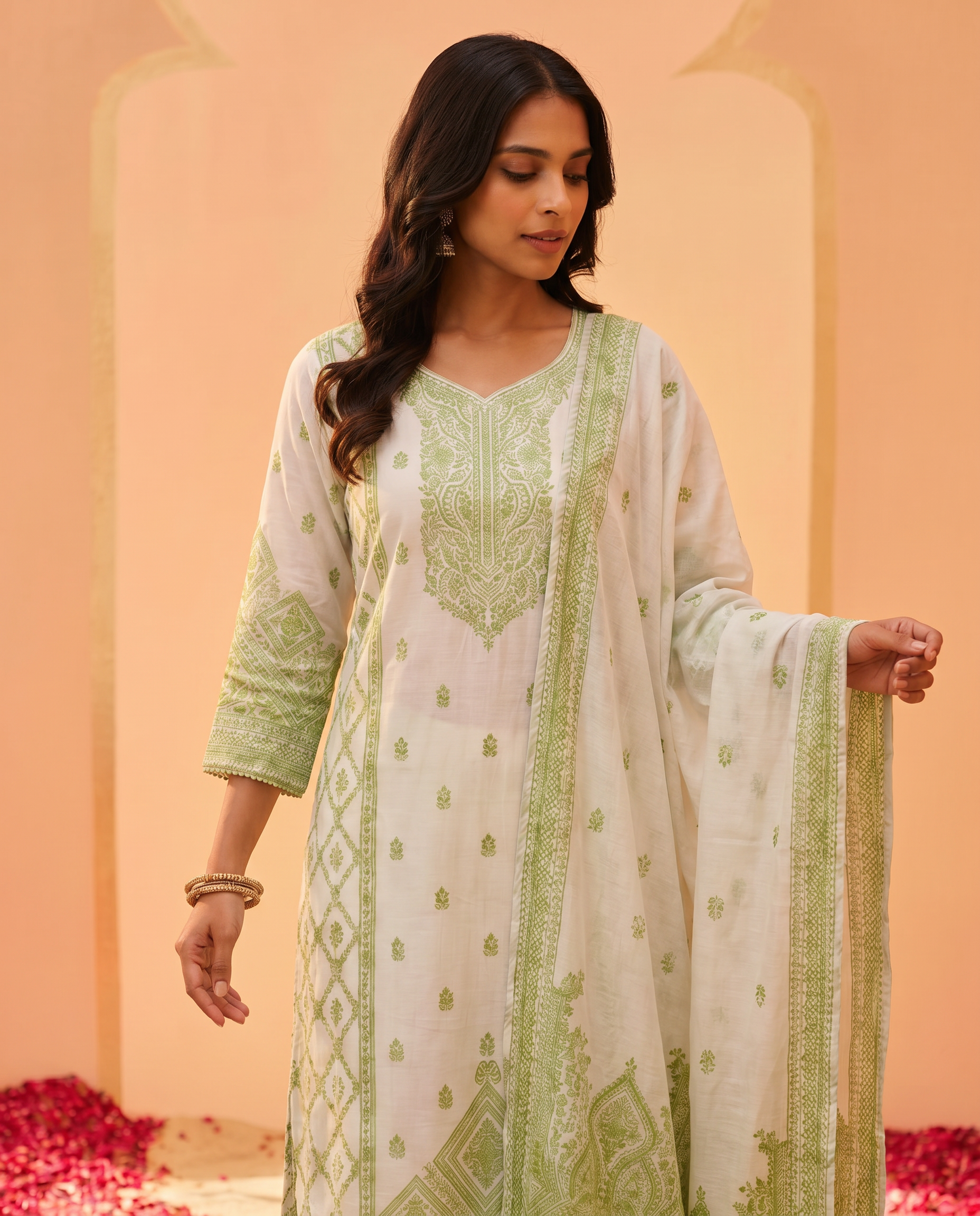 Off White & Green Salwar Suit Set - closeup
