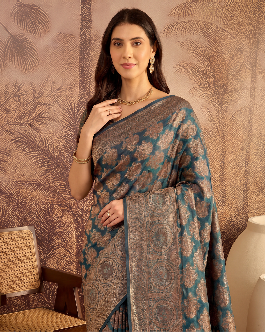 Ojasvi Organza Style Festive Saree with Two Tone Pallu - Blue Grey - upper closeup