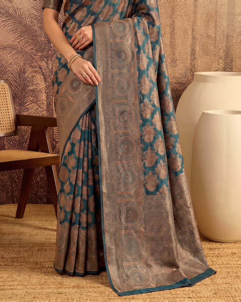 Ojasvi Organza Style Festive Saree with Two Tone Pallu - Blue Grey - lower closeup