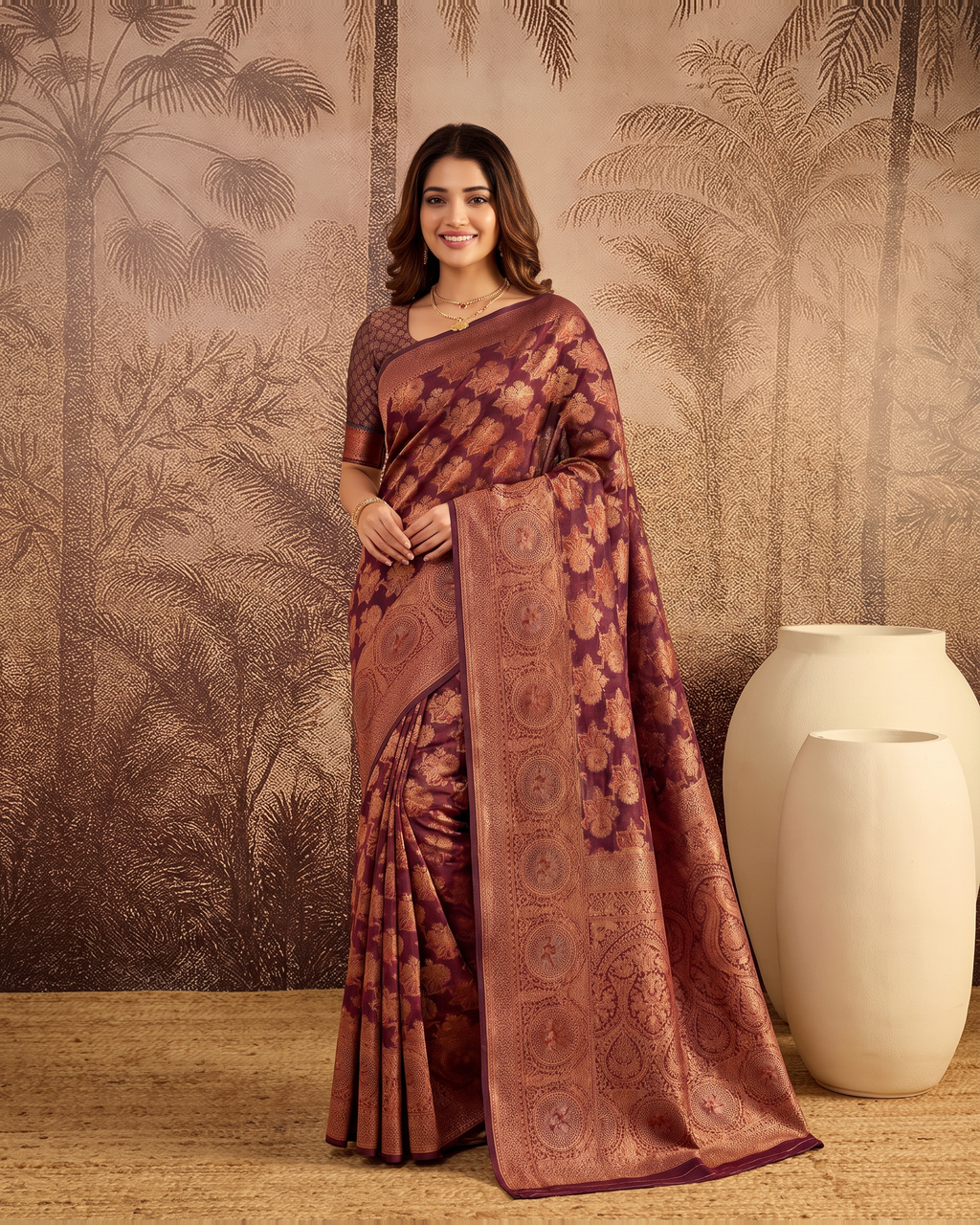 Ojasvi Organza Style Festive Saree with Two Tone Pallu - Brown - full saree hero
