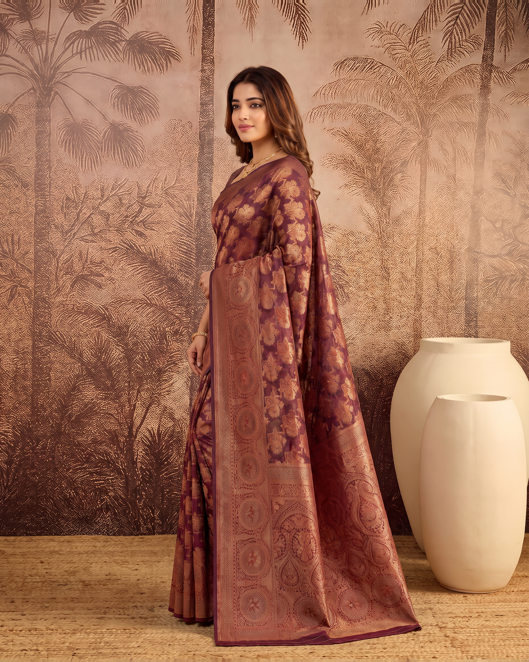 Ojasvi Organza Style Festive Saree with Two Tone Pallu - Brown - side