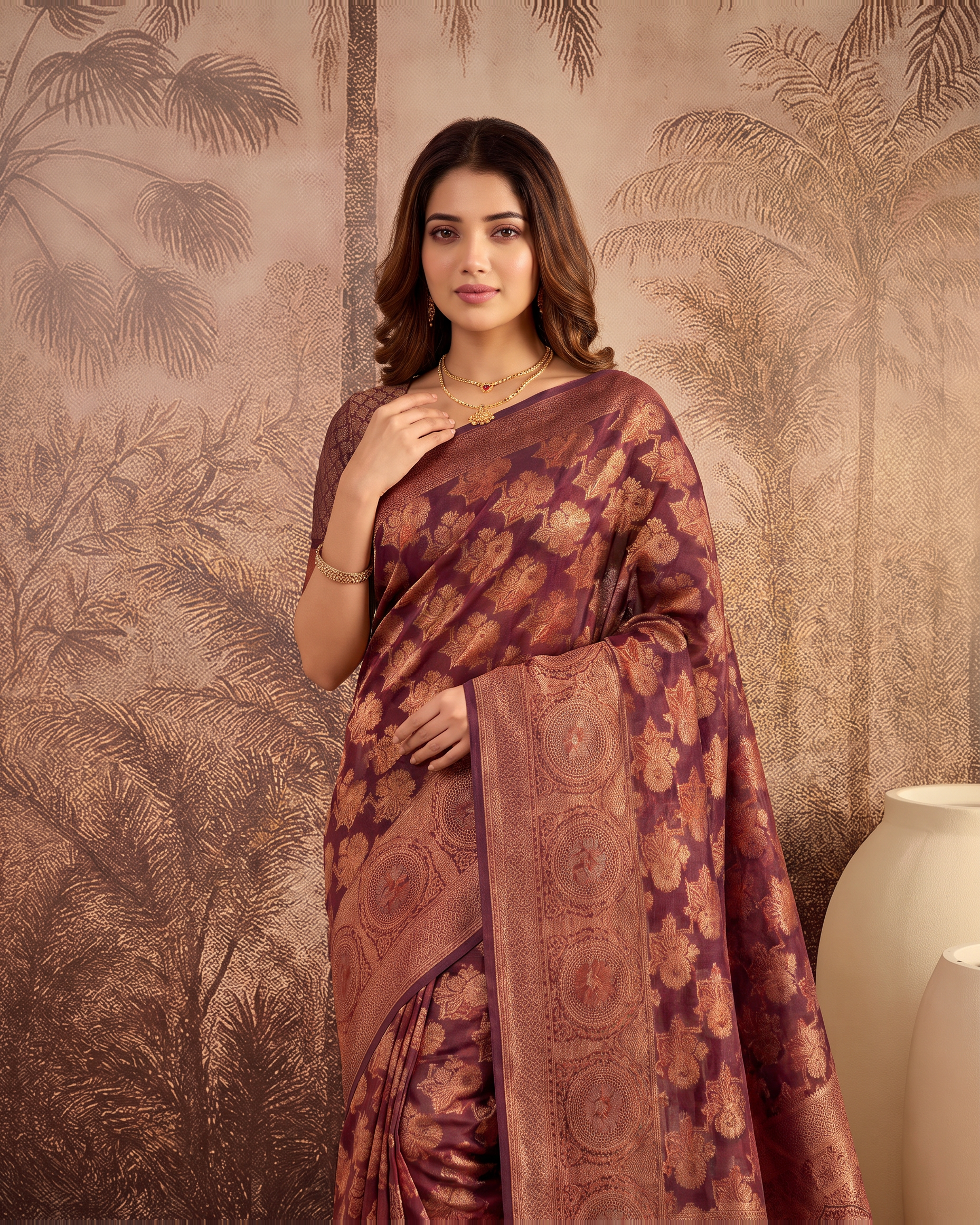 Ojasvi Organza Style Festive Saree with Two Tone Pallu - Brown - upper closeup