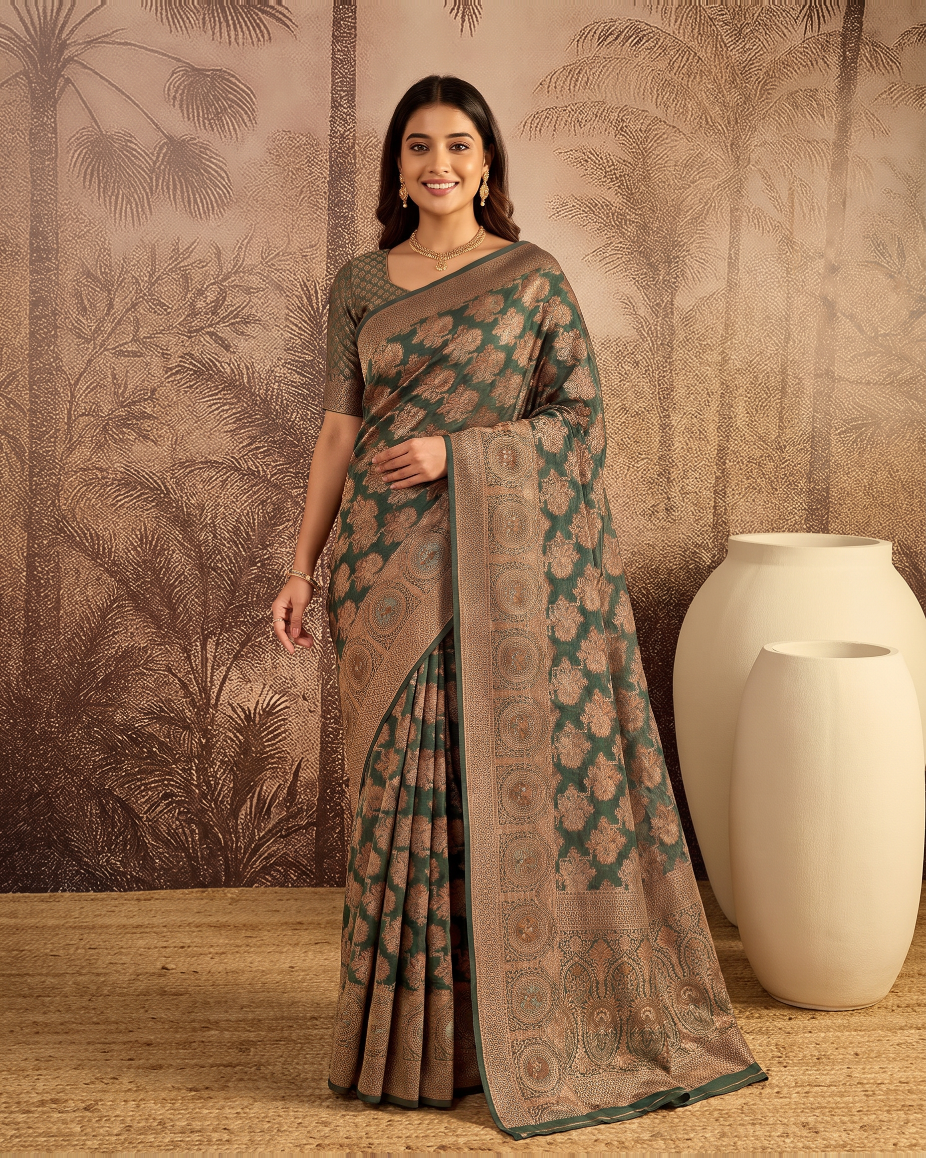Ojasvi Organza Style Festive Saree with Two Tone Pallu - Green - full saree hero