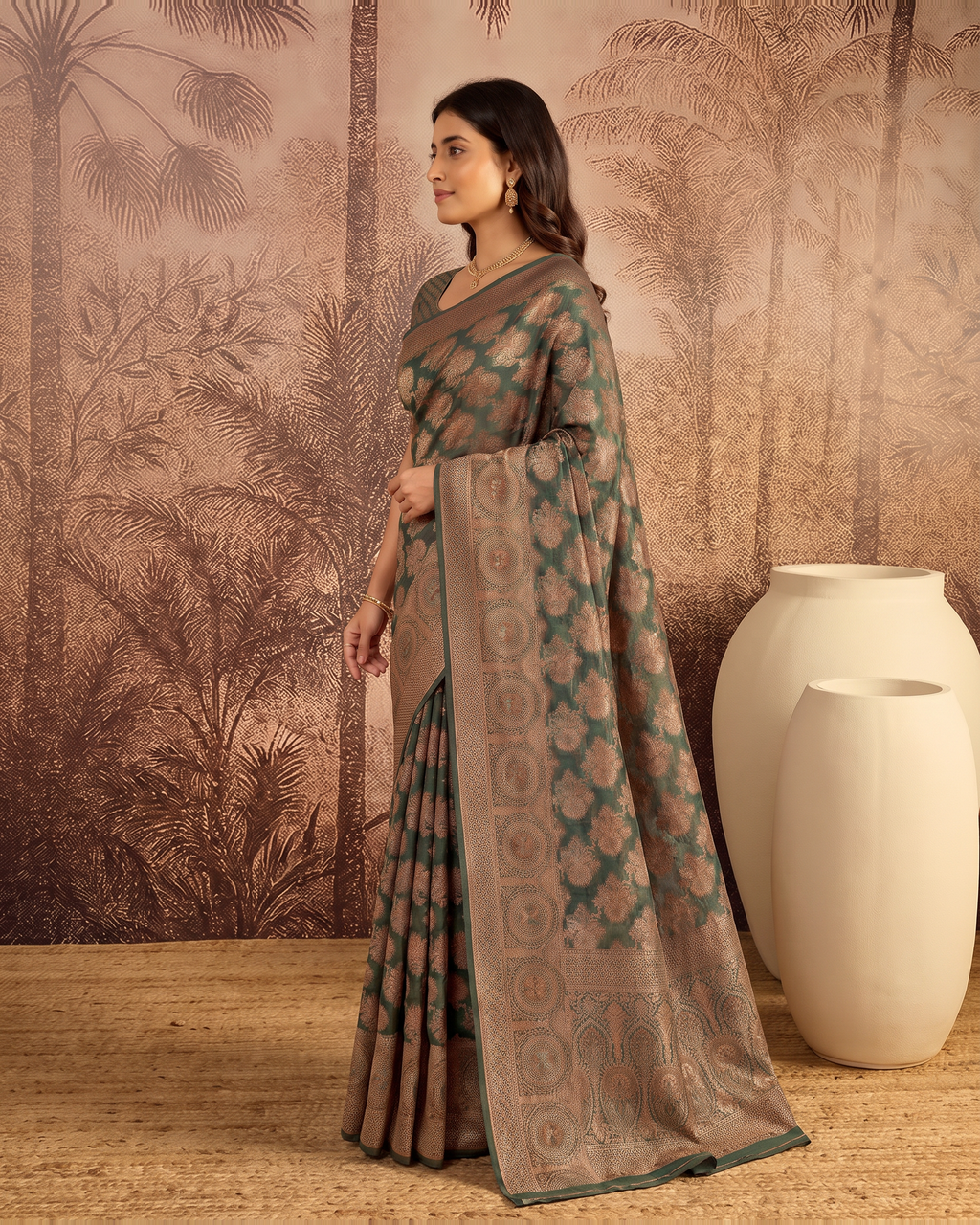 Ojasvi Organza Style Festive Saree with Two Tone Pallu - Green - side