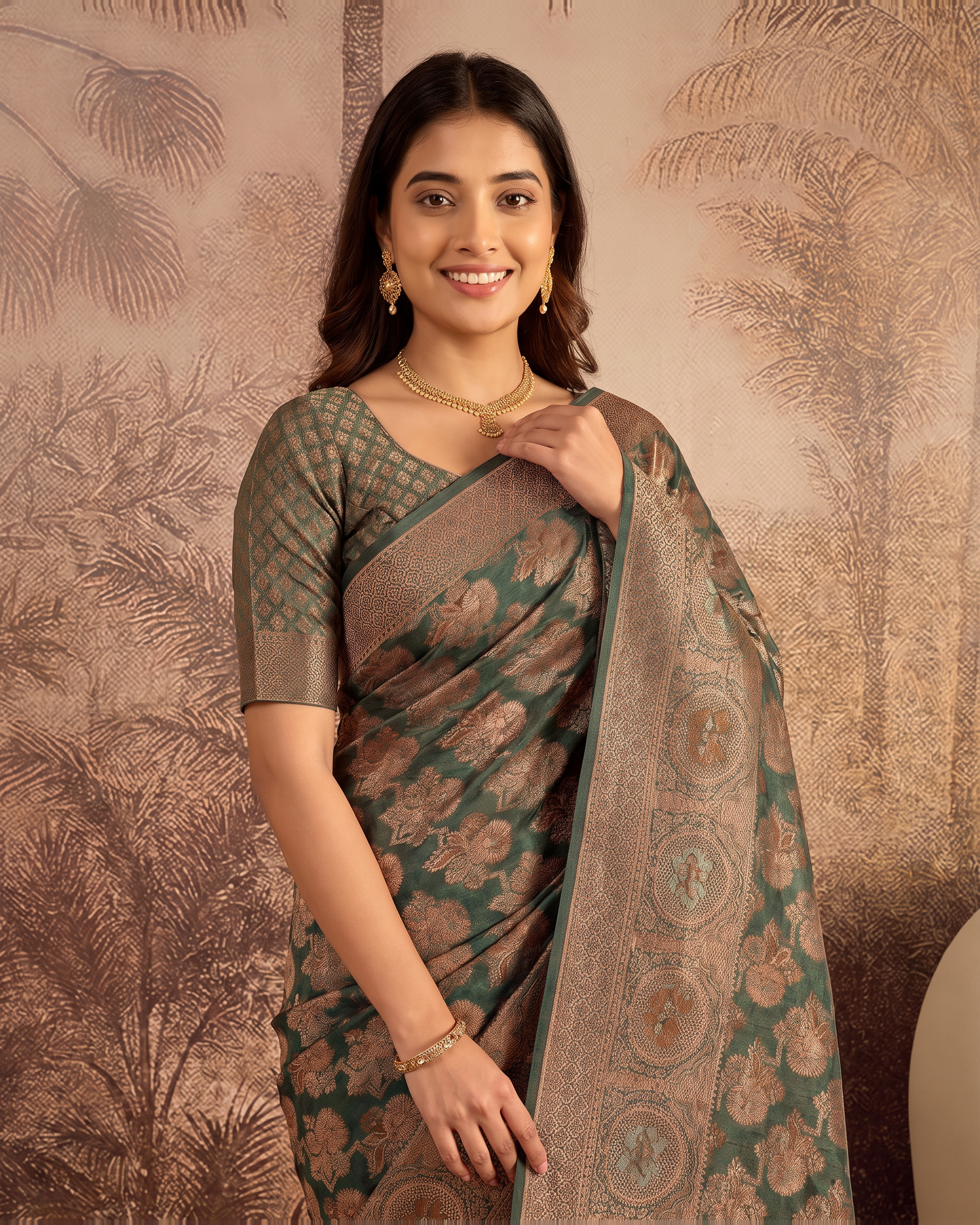 Ojasvi Organza Style Festive Saree with Two Tone Pallu - Green - upper closeup