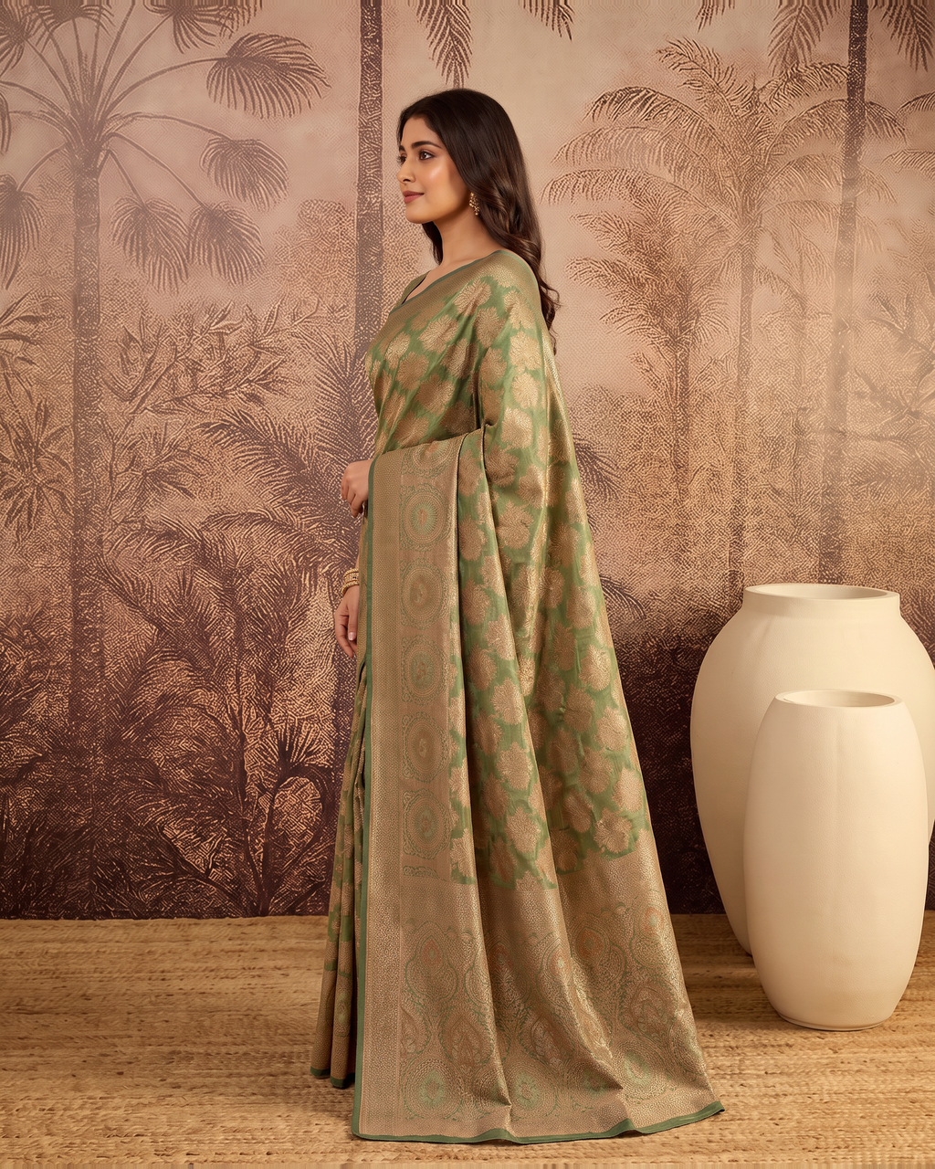 Ojasvi Organza Style Festive Saree with Two Tone Pallu - Olive - side