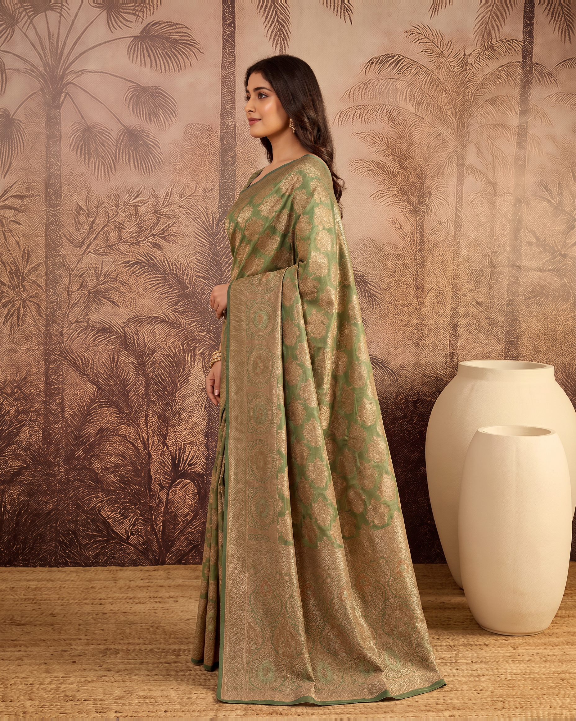 Ojasvi Organza Style Festive Saree with Two Tone Pallu - Olive - side