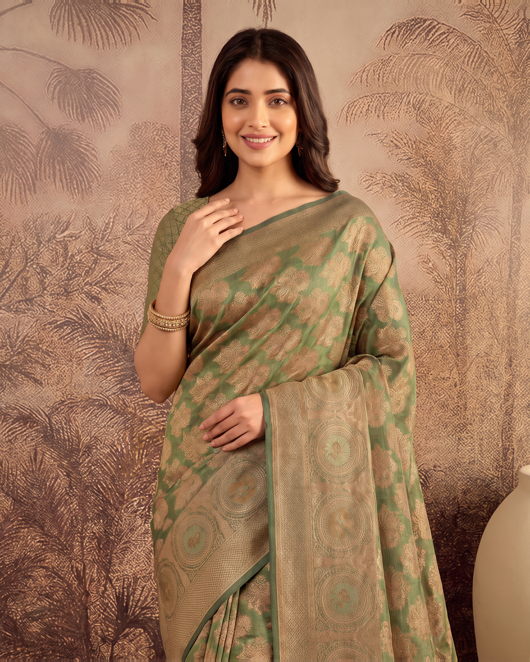 Ojasvi Organza Style Festive Saree with Two Tone Pallu - Olive - upper closeup