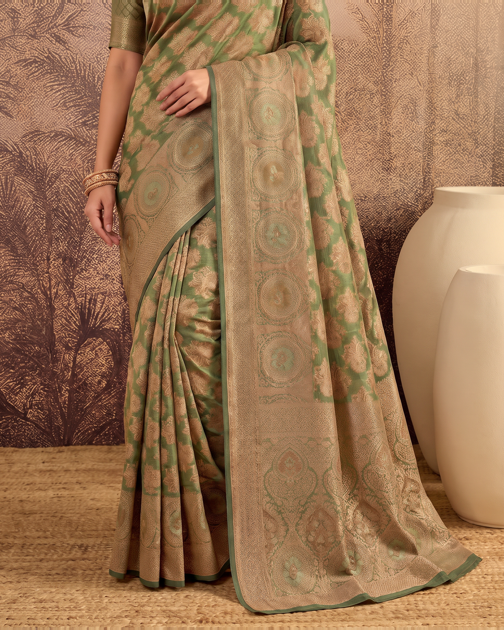 Ojasvi Organza Style Festive Saree with Two Tone Pallu - Olive - lower closeup