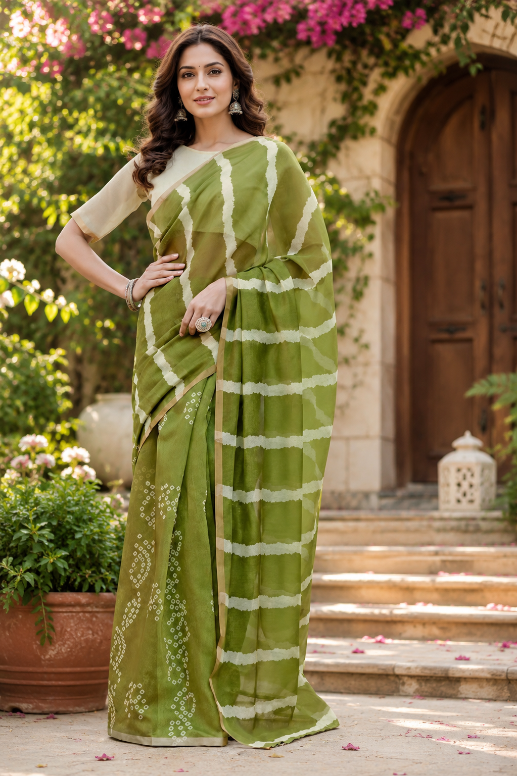 Olive Green Cream Stripe Chanderi Cotton Ready To Wear Saree - full saree