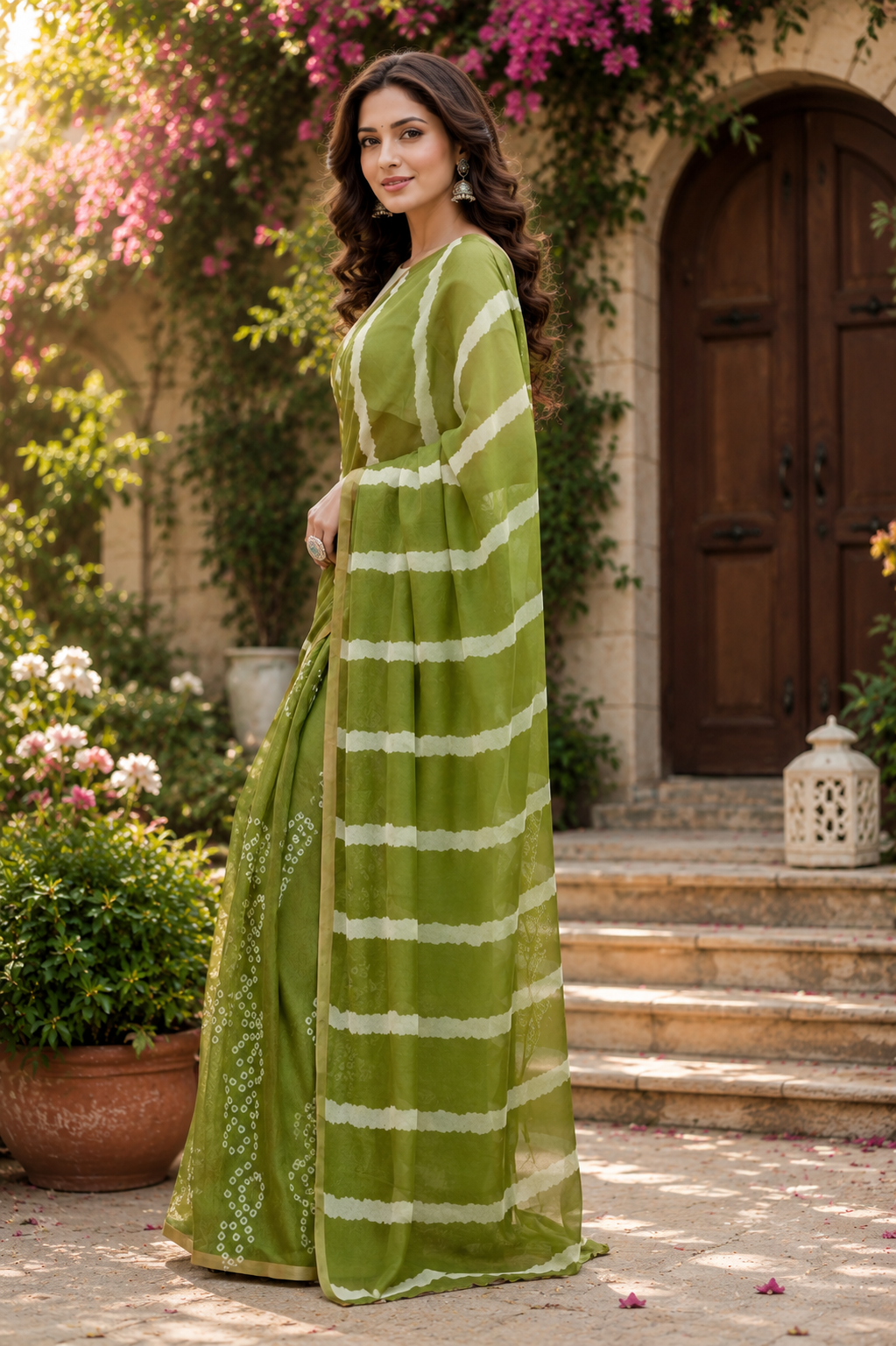 Olive Green Cream Stripe Chanderi Cotton Ready To Wear Saree - image 2