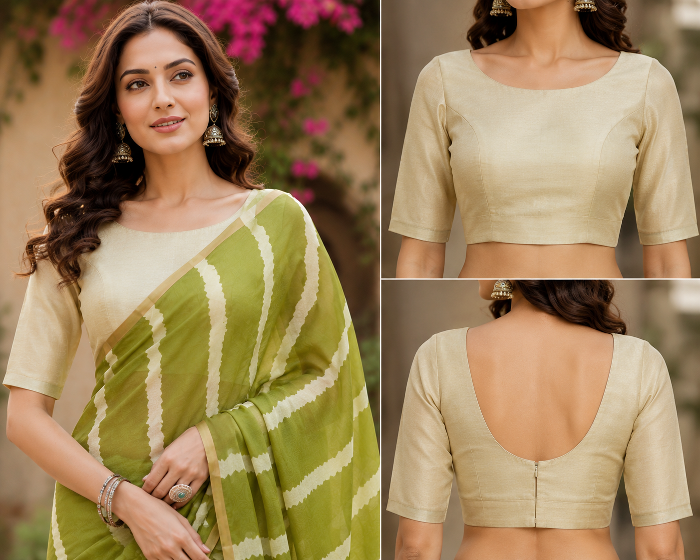 Olive Green Cream Stripe Chanderi Cotton Ready To Wear Saree - blouse detail