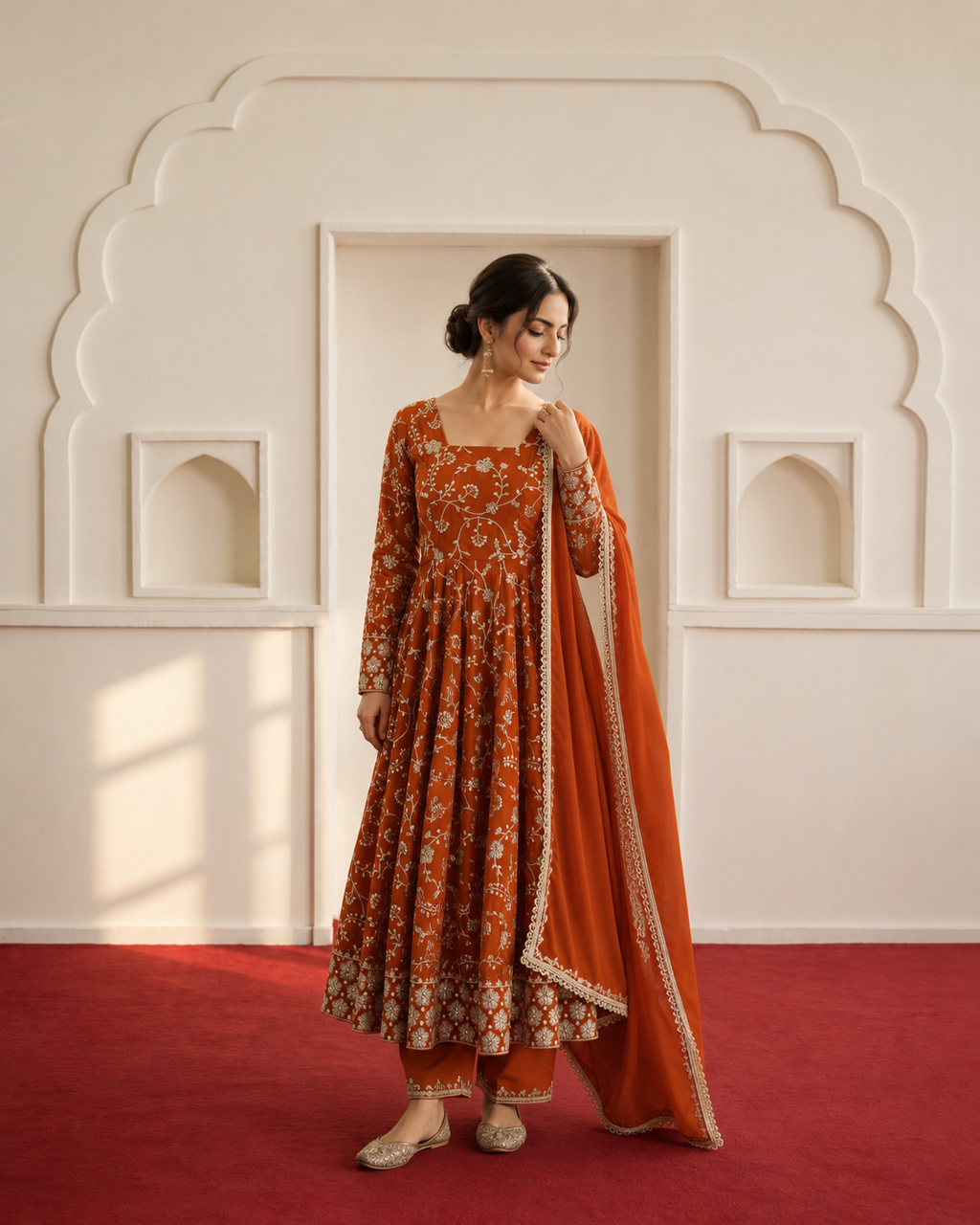 Orange Embroidered Sequence Designer Anarkali Three Piece Set - hero