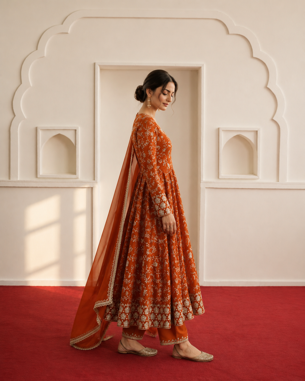 Orange Embroidered Sequence Designer Anarkali Three Piece Set - side view